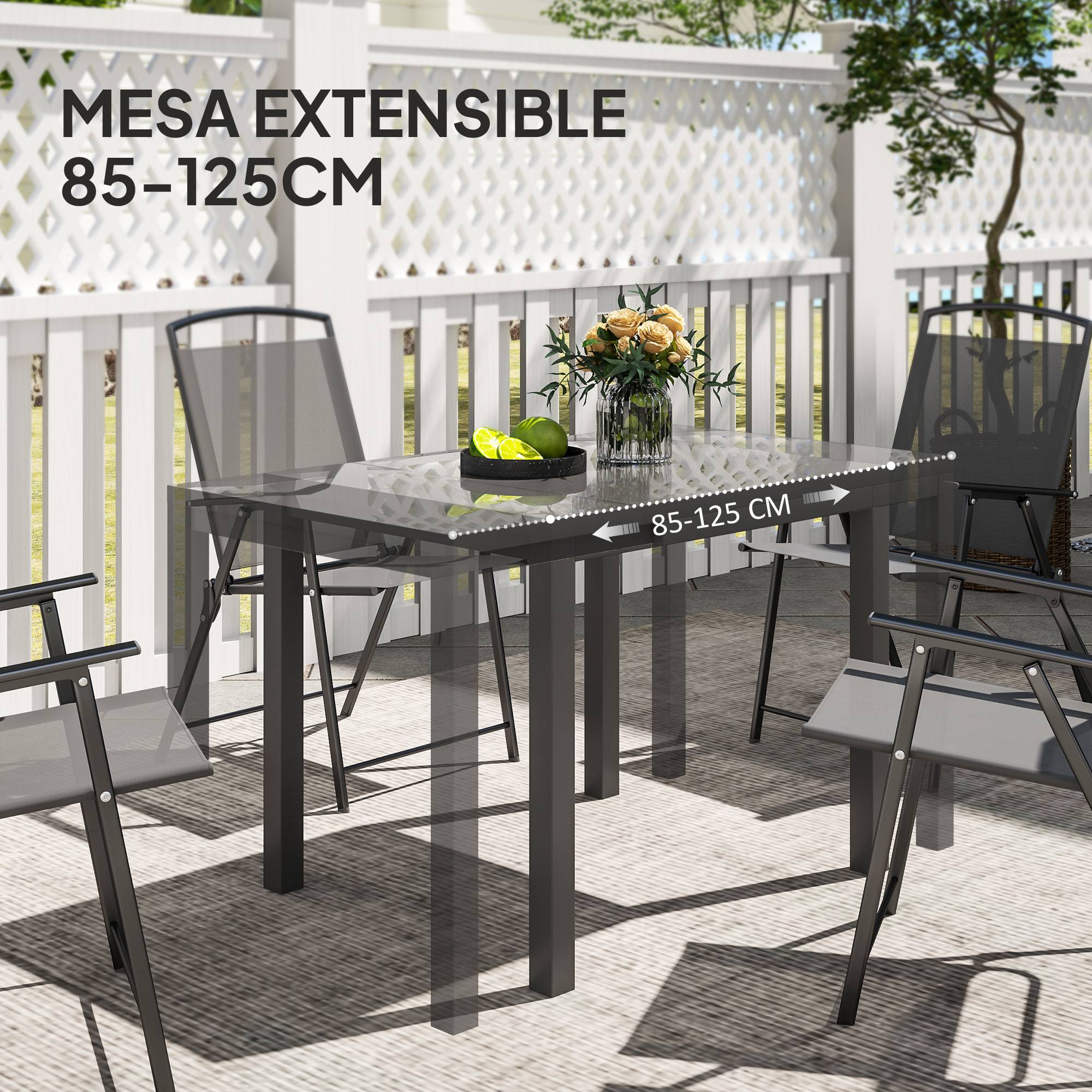 Table de jardin extensible de 85 à 125 cm pour 4 à 6 personnes, de forme rectangulaire, idéale pour véranda, terrasse ou jardin. - Image 6