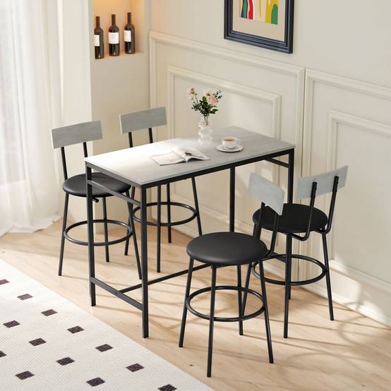 Table haute industrielle avec 4 tabourets de bar gris ciment dossier repose-pieds ensemble repas moderne - Image 3