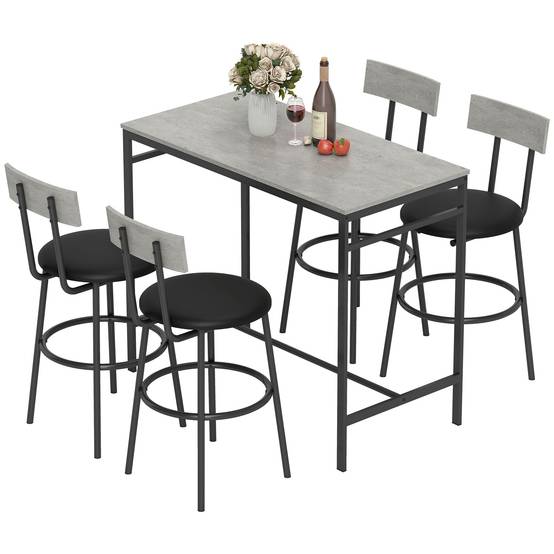 Table haute industrielle avec 4 tabourets de bar gris ciment dossier repose-pieds ensemble repas moderne - Image 2