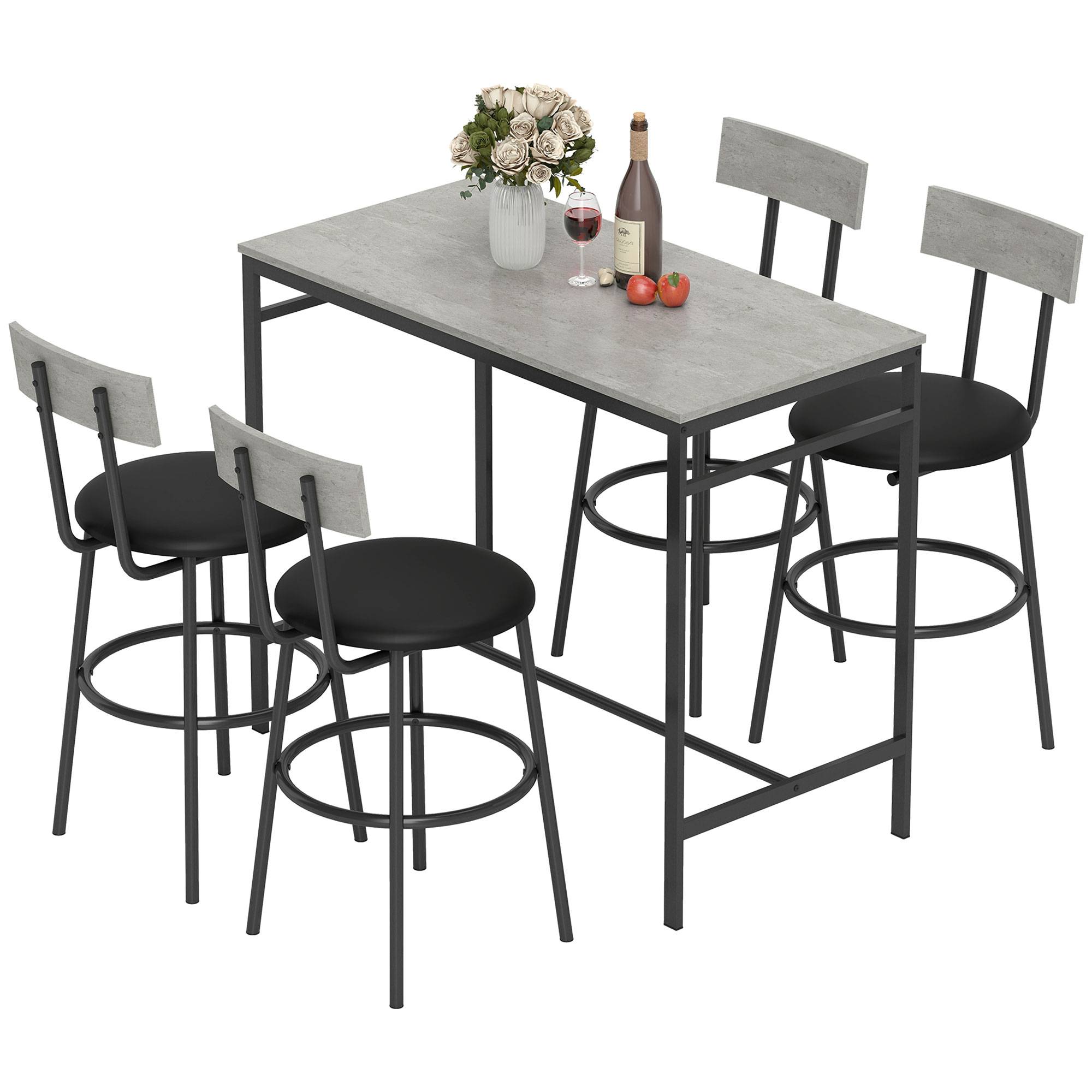 Table haute industrielle avec 4 tabourets de bar gris ciment dossier repose-pieds ensemble repas moderne - Image 2