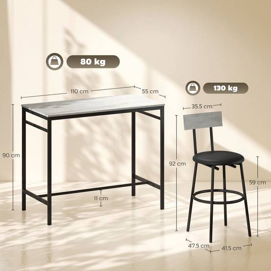 Table haute industrielle avec 4 tabourets de bar gris ciment dossier repose-pieds ensemble repas moderne - Image 5