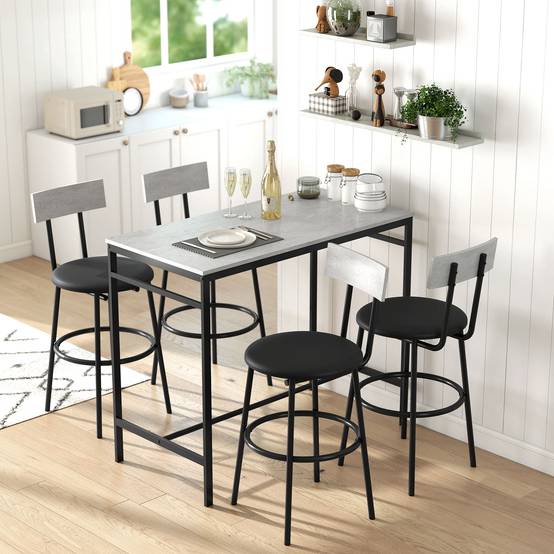 Table haute industrielle avec 4 tabourets de bar gris ciment dossier repose-pieds ensemble repas moderne - Image 4