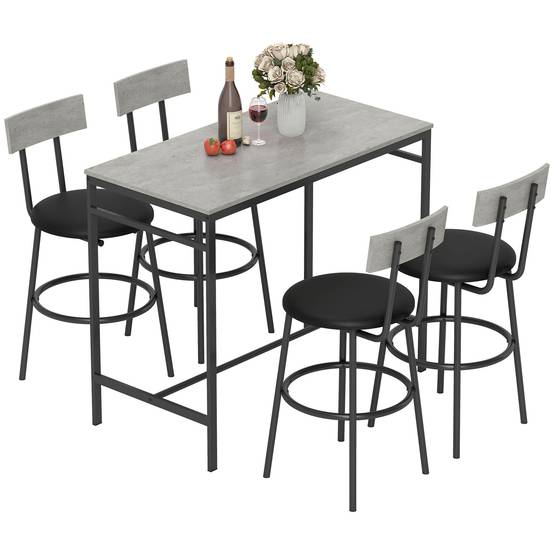 Table haute industrielle avec 4 tabourets de bar gris ciment dossier repose-pieds ensemble repas moderne - Image 1