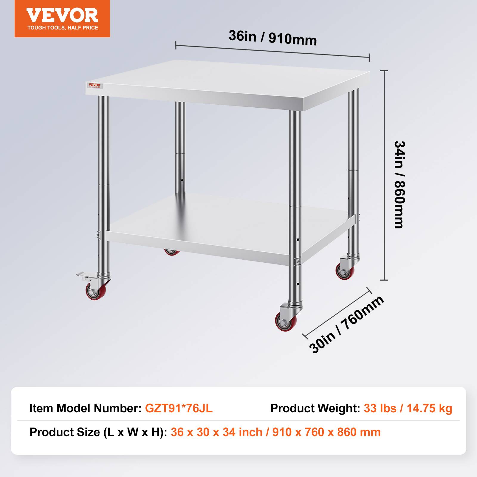 Vevor - VEVOR Table travail inox 91x76x86cm, roulettes freins. Préparation aliments cafétérias, hôpitaux. - Image 7
