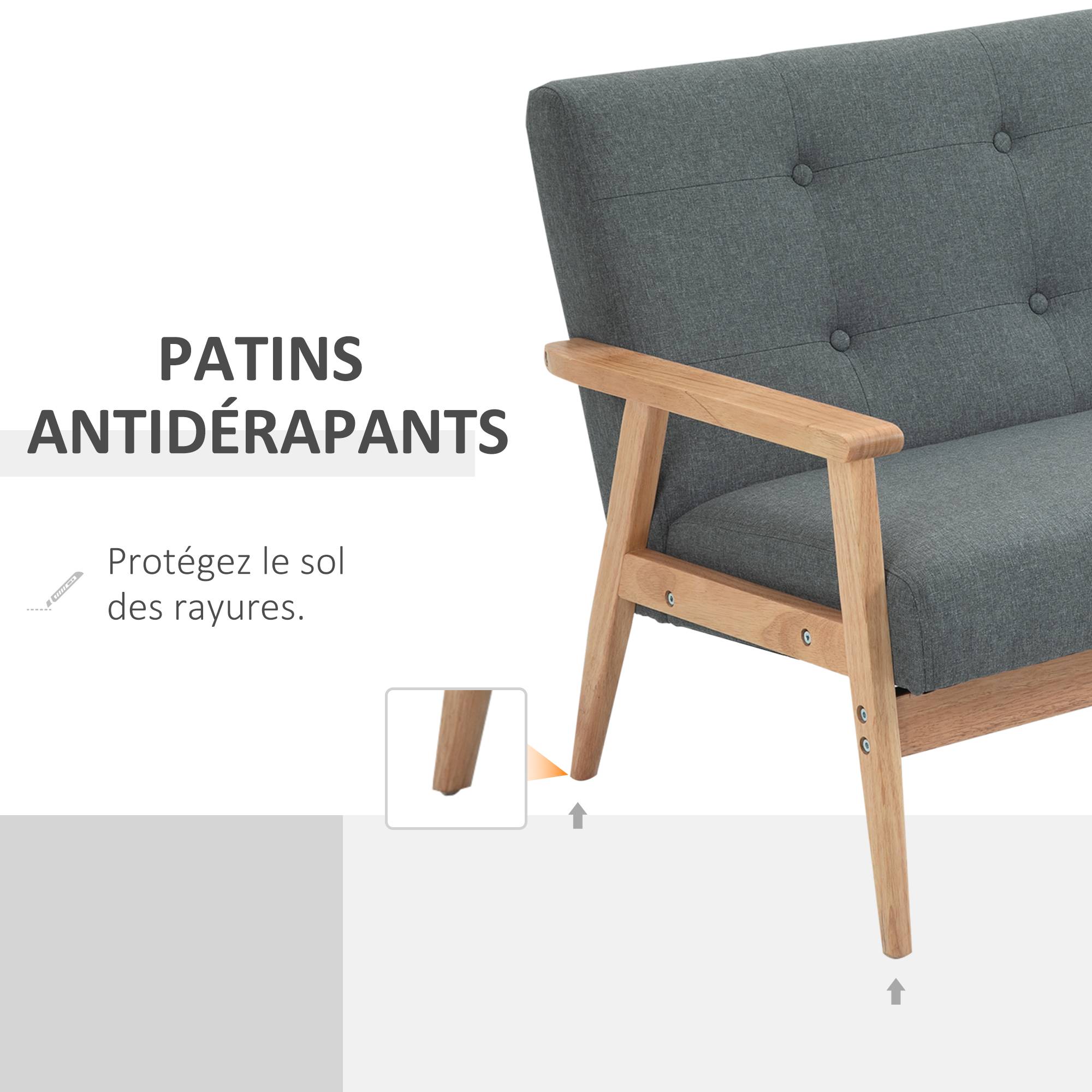 Canapé 2 places style scandinave avec accoudoirs, pieds en bois, 115l x 66,5P x 73H cm, gris - Image 8