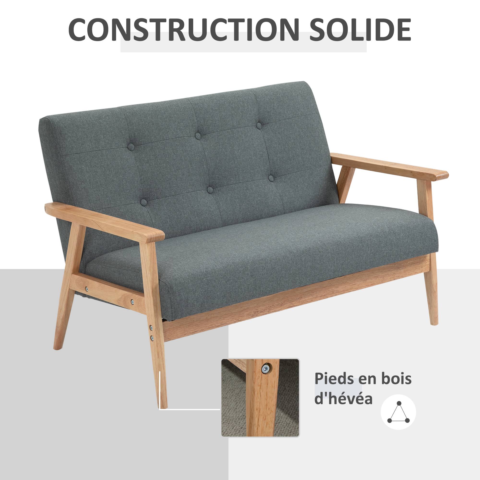 Canapé 2 places style scandinave avec accoudoirs, pieds en bois, 115l x 66,5P x 73H cm, gris - Image 7