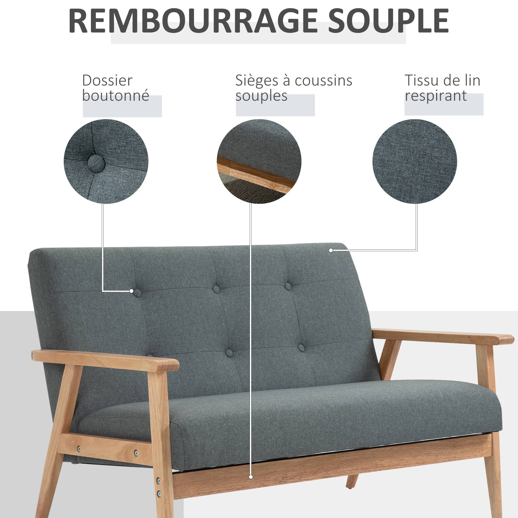 Canapé 2 places style scandinave avec accoudoirs, pieds en bois, 115l x 66,5P x 73H cm, gris - Image 6