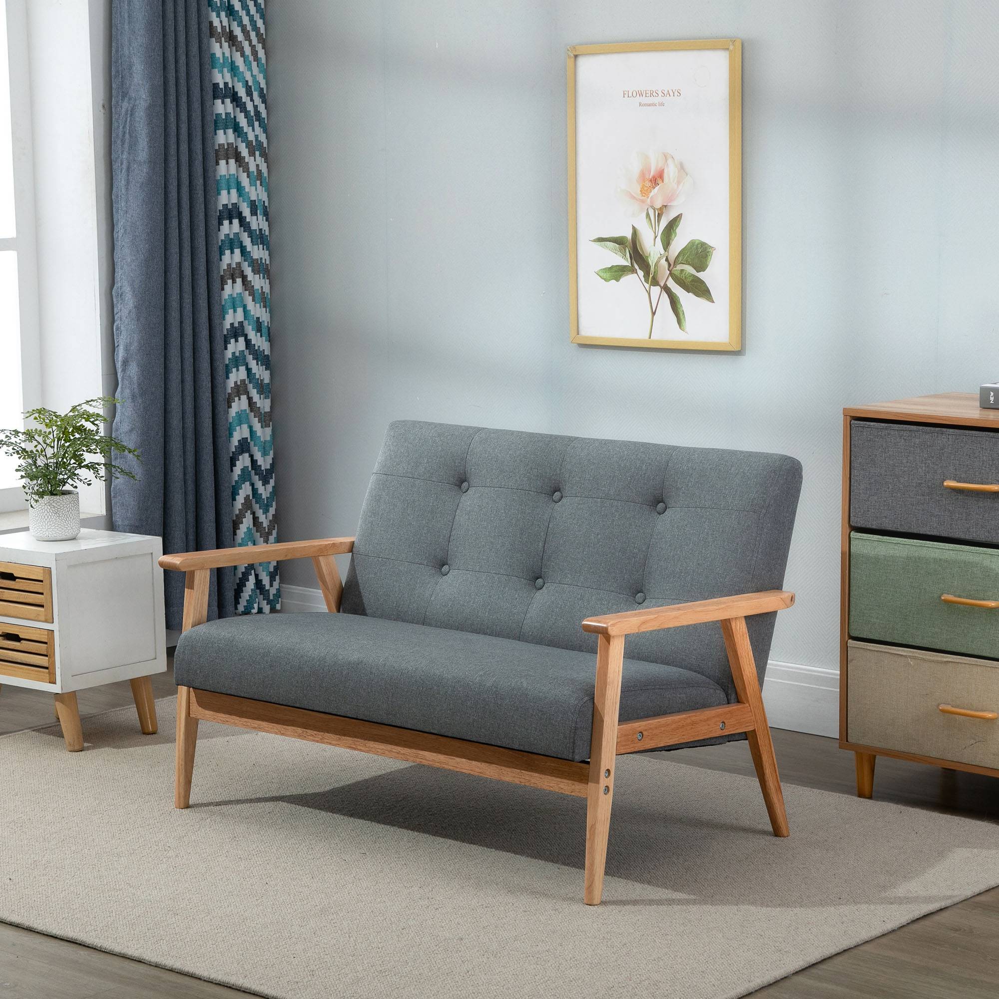Canapé 2 places style scandinave avec accoudoirs, pieds en bois, 115l x 66,5P x 73H cm, gris - Image 4