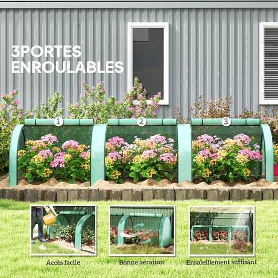 Mini serre tunnel jardin PE plantes tomates 3 portes zippées 350x100x80cm vert - ComfortXL Outdoor Living - Image 8