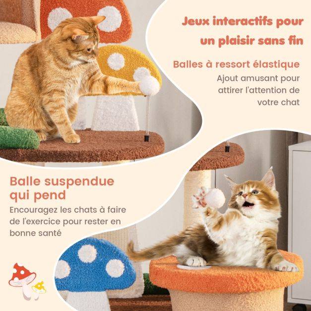 Helloshop26 - Arbre à chat en forme de champignon 2 condos balles interactives poteau griffoir plateforme tour de jeux pour chat multicolore - Image 5