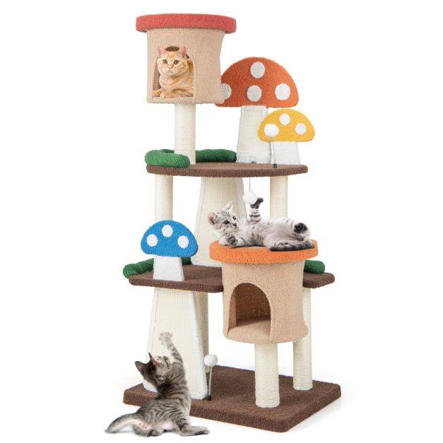 Helloshop26 - Arbre à chat en forme de champignon 2 condos balles interactives poteau griffoir plateforme tour de jeux pour chat multicolore - Image 2