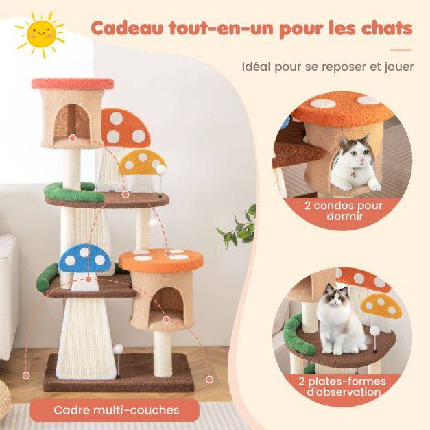Helloshop26 - Arbre à chat en forme de champignon 2 condos balles interactives poteau griffoir plateforme tour de jeux pour chat multicolore - Image 4