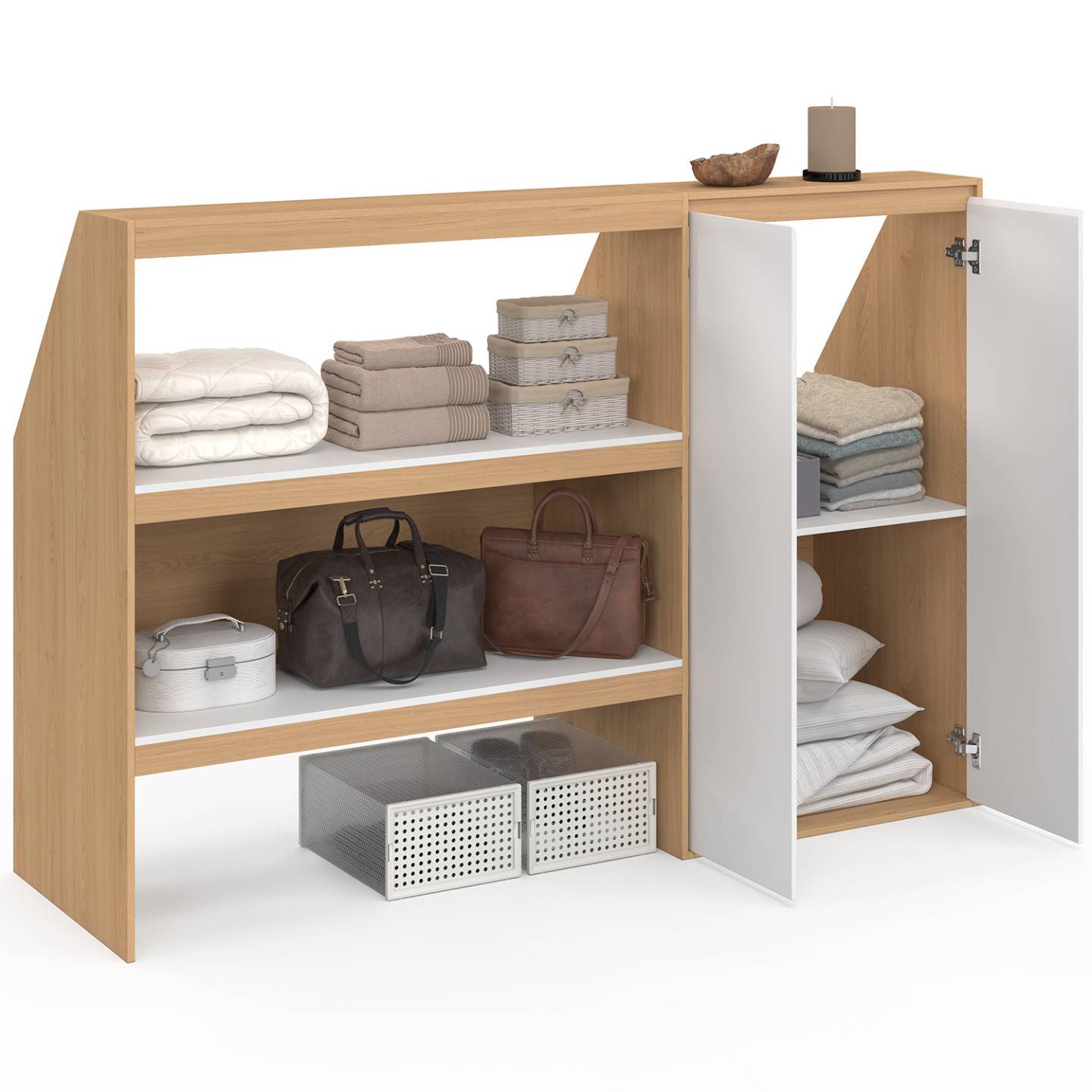 IDMARKET - Ensemble étagère 2 niveaux + armoire 2 portes sous pente TOMI hêtre et blanc - Image 4