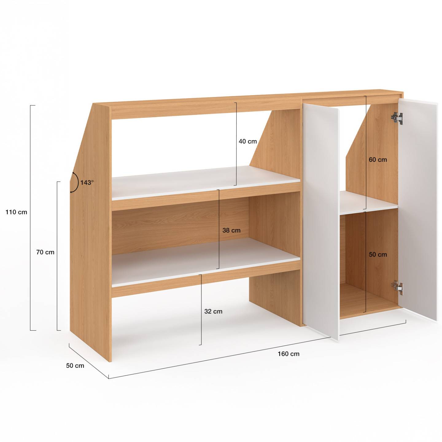 IDMARKET - Ensemble étagère 2 niveaux + armoire 2 portes sous pente TOMI hêtre et blanc - Image 5
