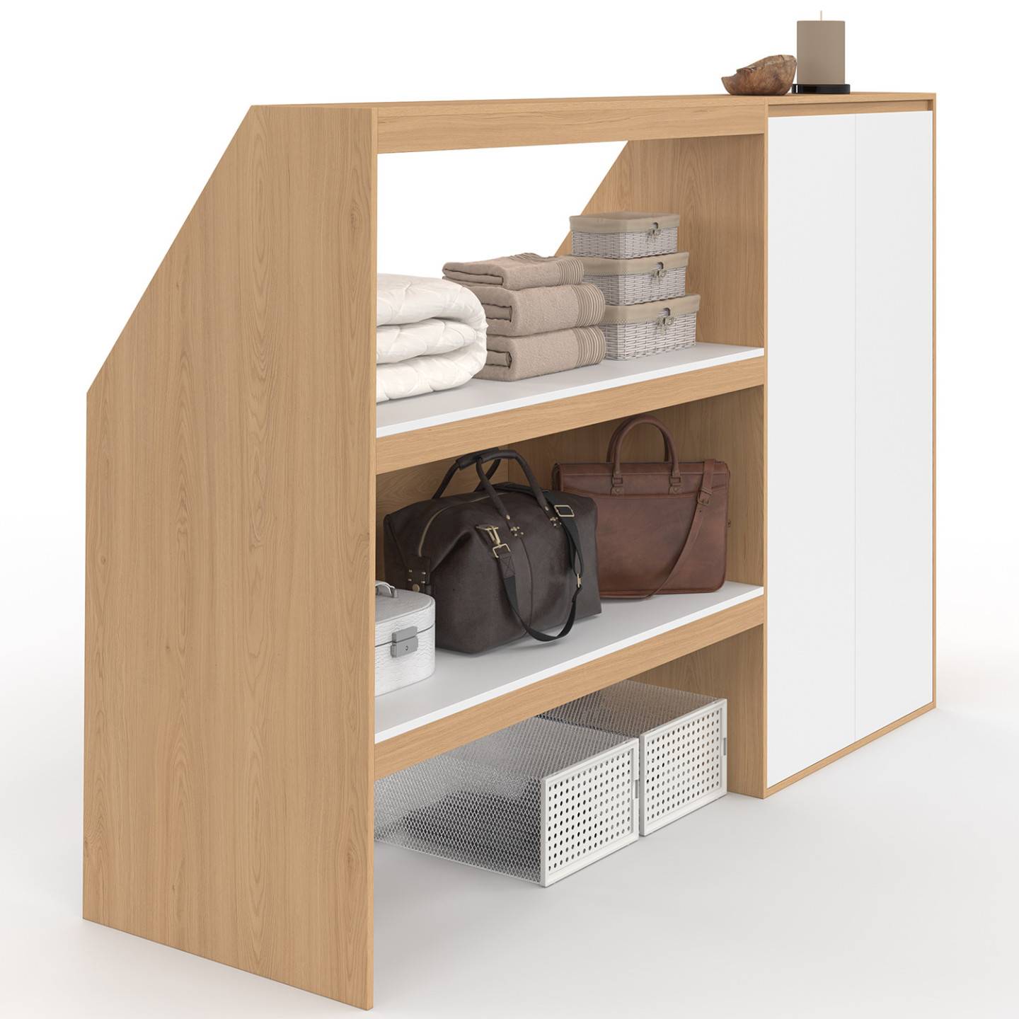 IDMARKET - Ensemble étagère 2 niveaux + armoire 2 portes sous pente TOMI hêtre et blanc - Image 2