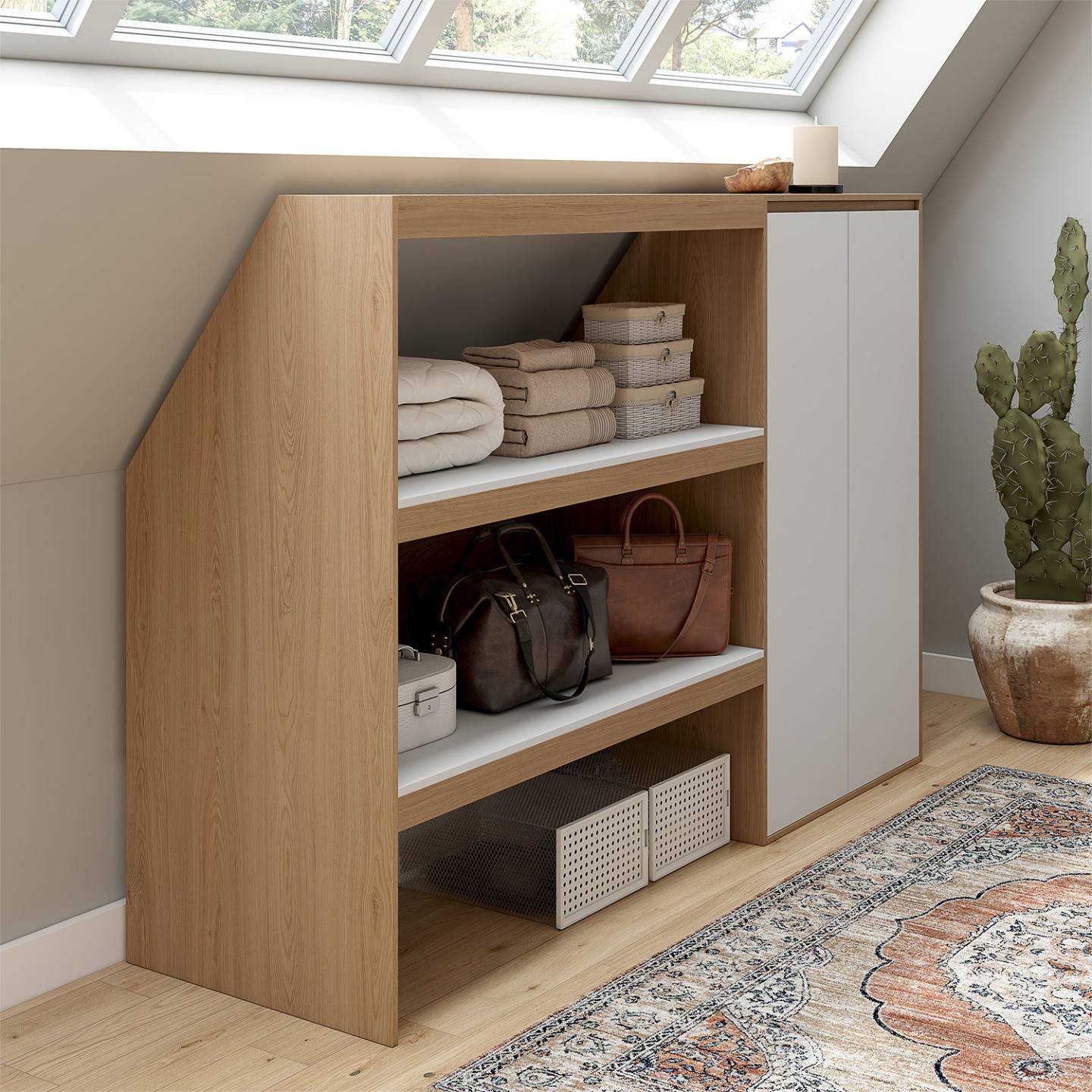 IDMARKET - Ensemble étagère 2 niveaux + armoire 2 portes sous pente TOMI hêtre et blanc