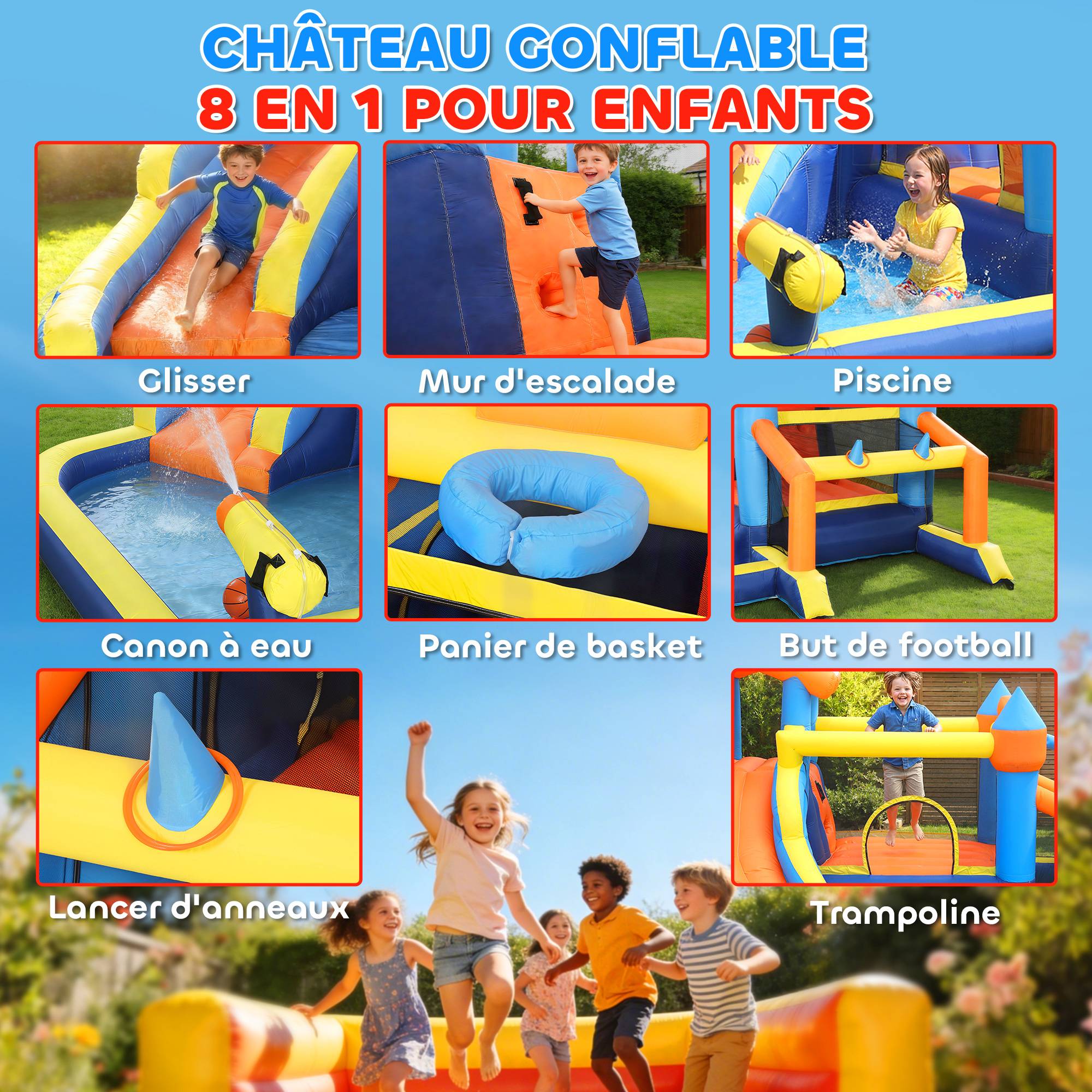 Château gonflable avec souffleur 8 en 1, parc aquatique, toboggan, trampoline, piscine à balles, multicolore - Image 6