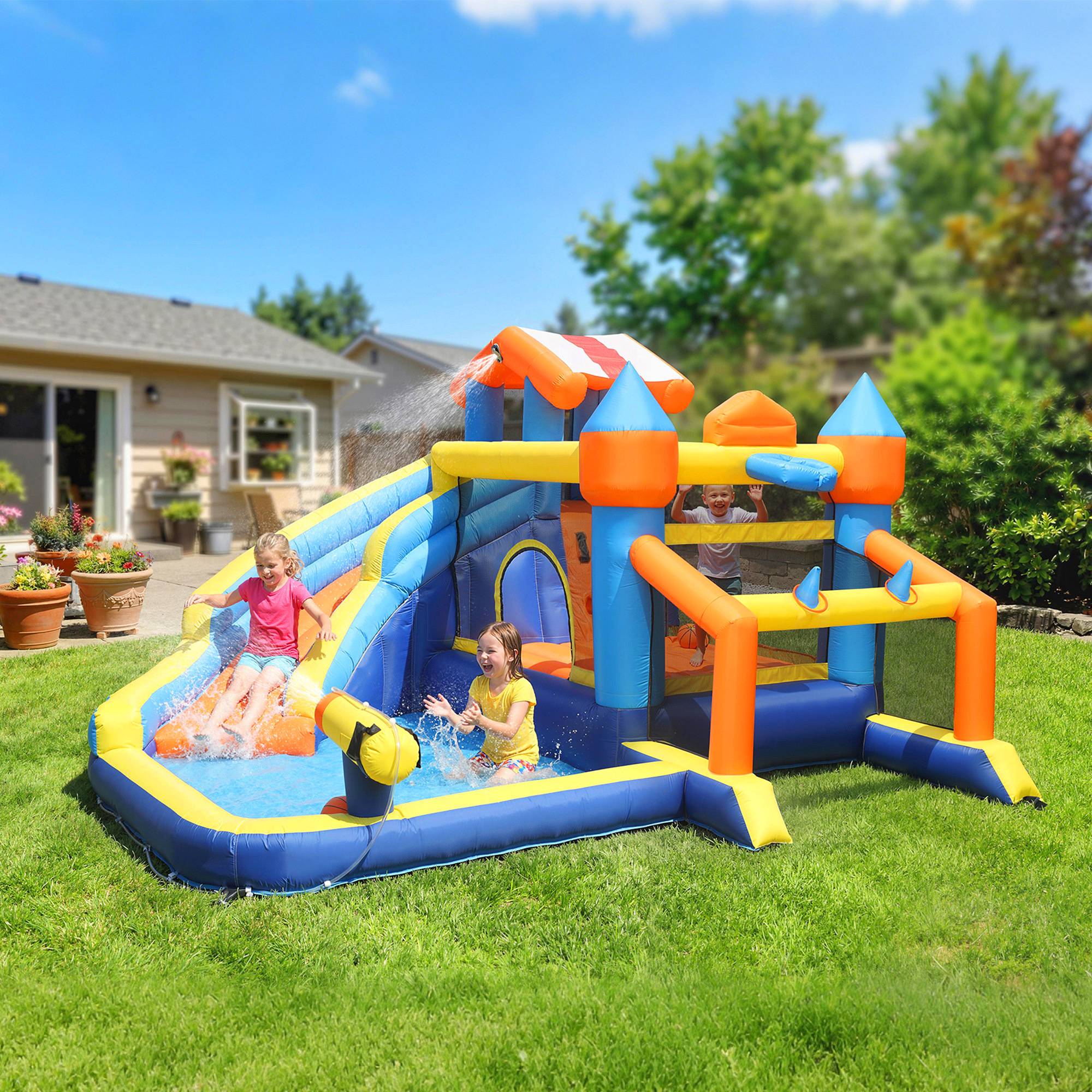 Château gonflable avec souffleur 8 en 1, parc aquatique, toboggan, trampoline, piscine à balles, multicolore - Image 4