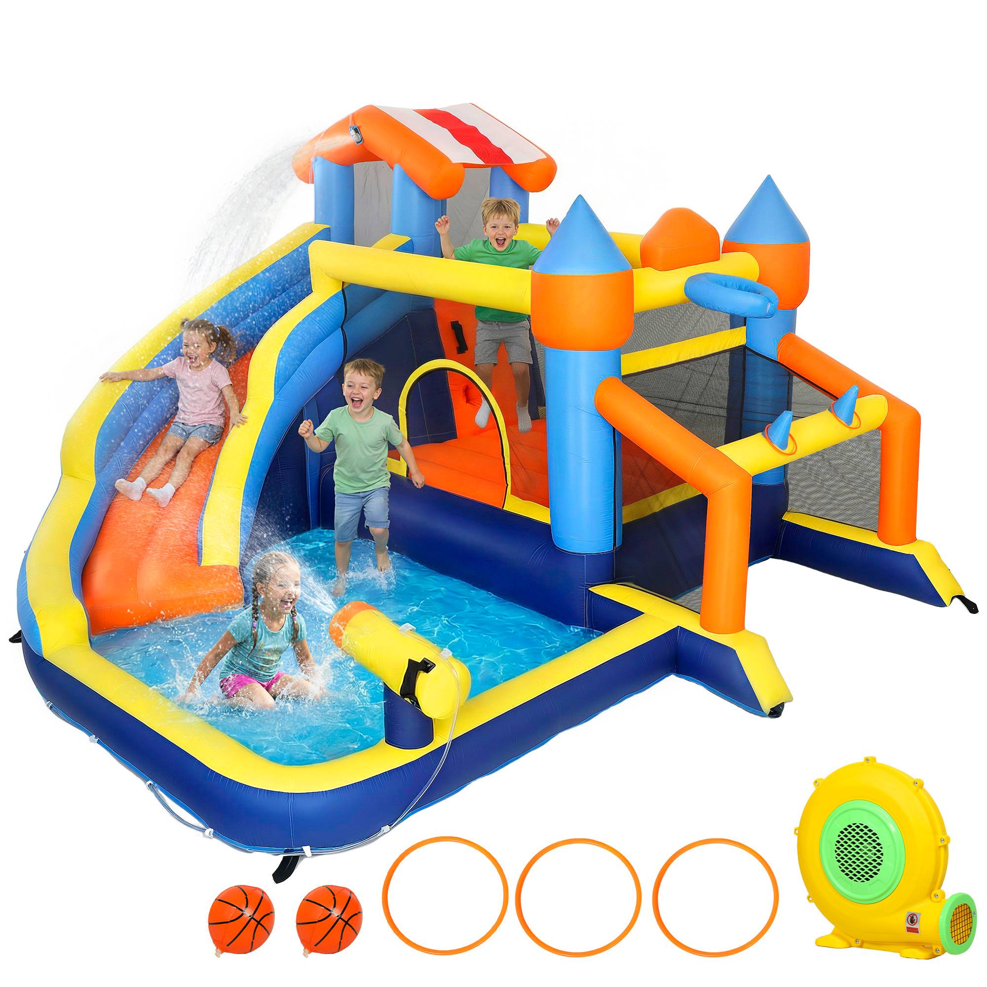 Château gonflable avec souffleur 8 en 1, parc aquatique, toboggan, trampoline, piscine à balles, multicolore - Image 1