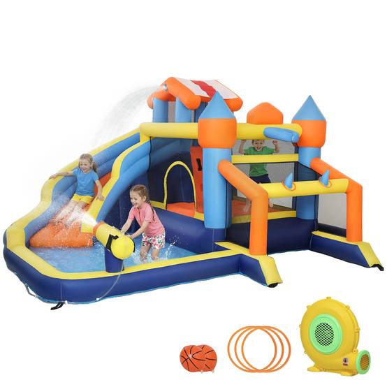 Château gonflable avec souffleur 8 en 1, parc aquatique, toboggan, trampoline, piscine à balles, multicolore - Image 2
