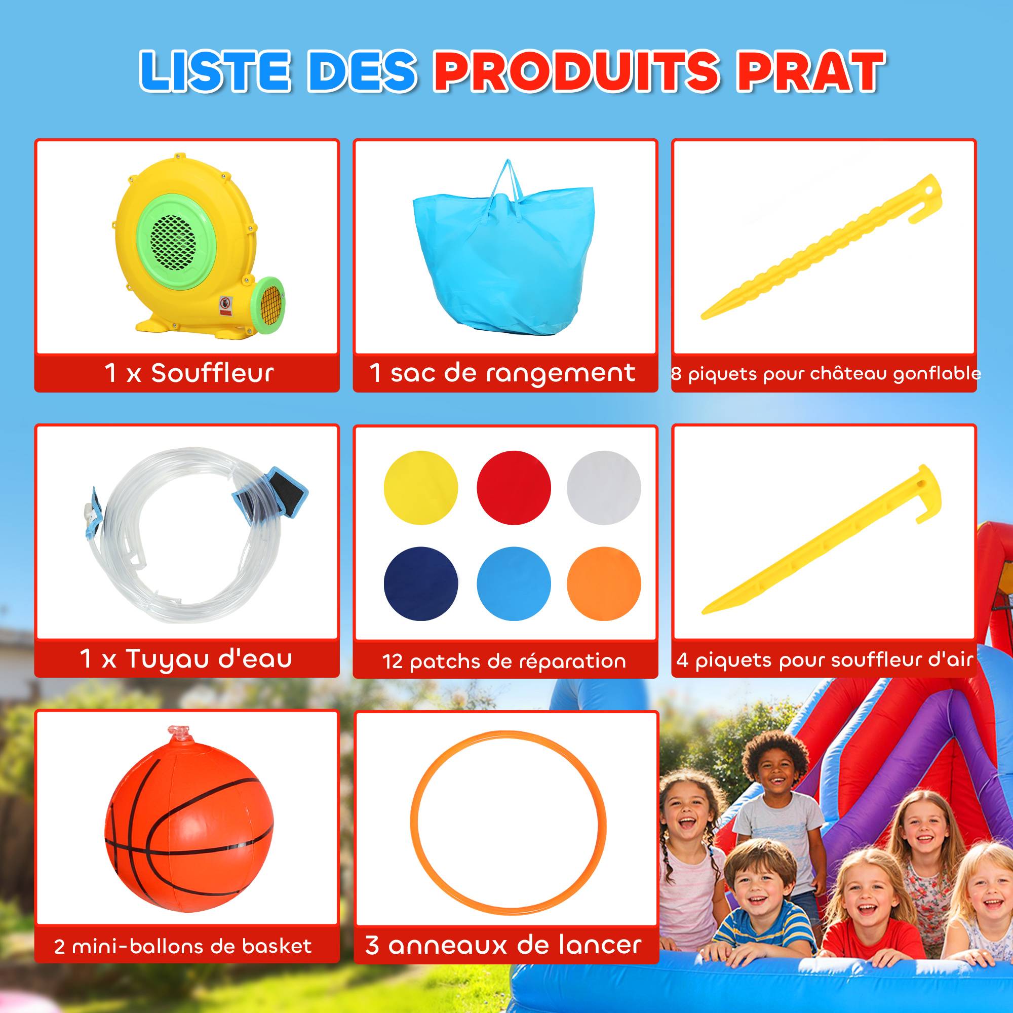 Château gonflable avec souffleur 8 en 1, parc aquatique, toboggan, trampoline, piscine à balles, multicolore - Image 10
