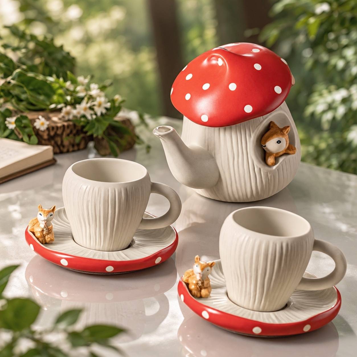 Tasse et Soucoupe Champignon Céramique Émail Écureuil Décor Mat Fait Main Café Thé 11oz - Image 5