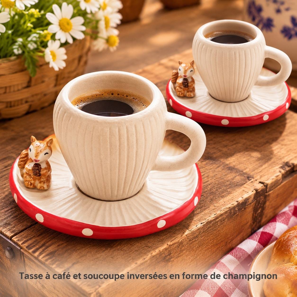 Tasse et Soucoupe Champignon Céramique Émail Écureuil Décor Mat Fait Main Café Thé 11oz - Image 2