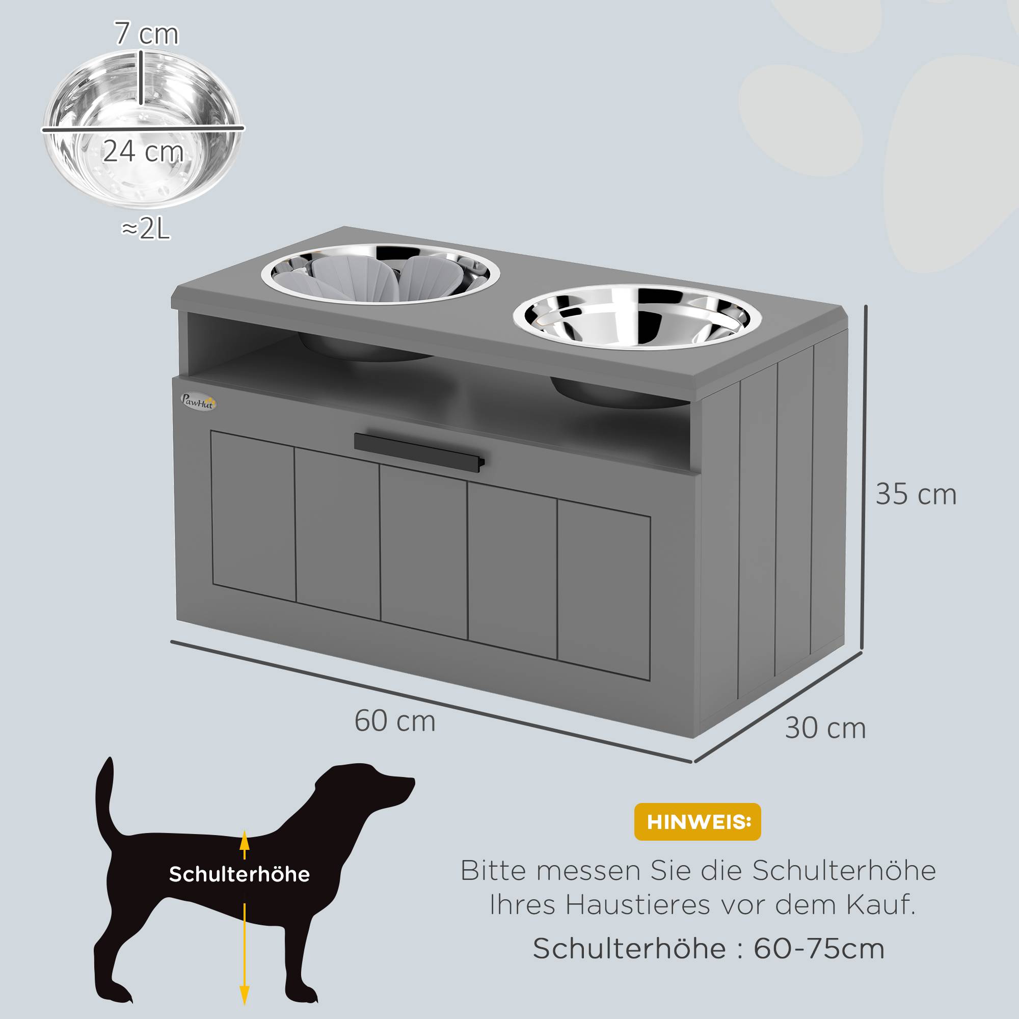 Station de nourriture pour chien, MDF, gris, 60 x 30 x 35 cm - PANGIVO - Image 3