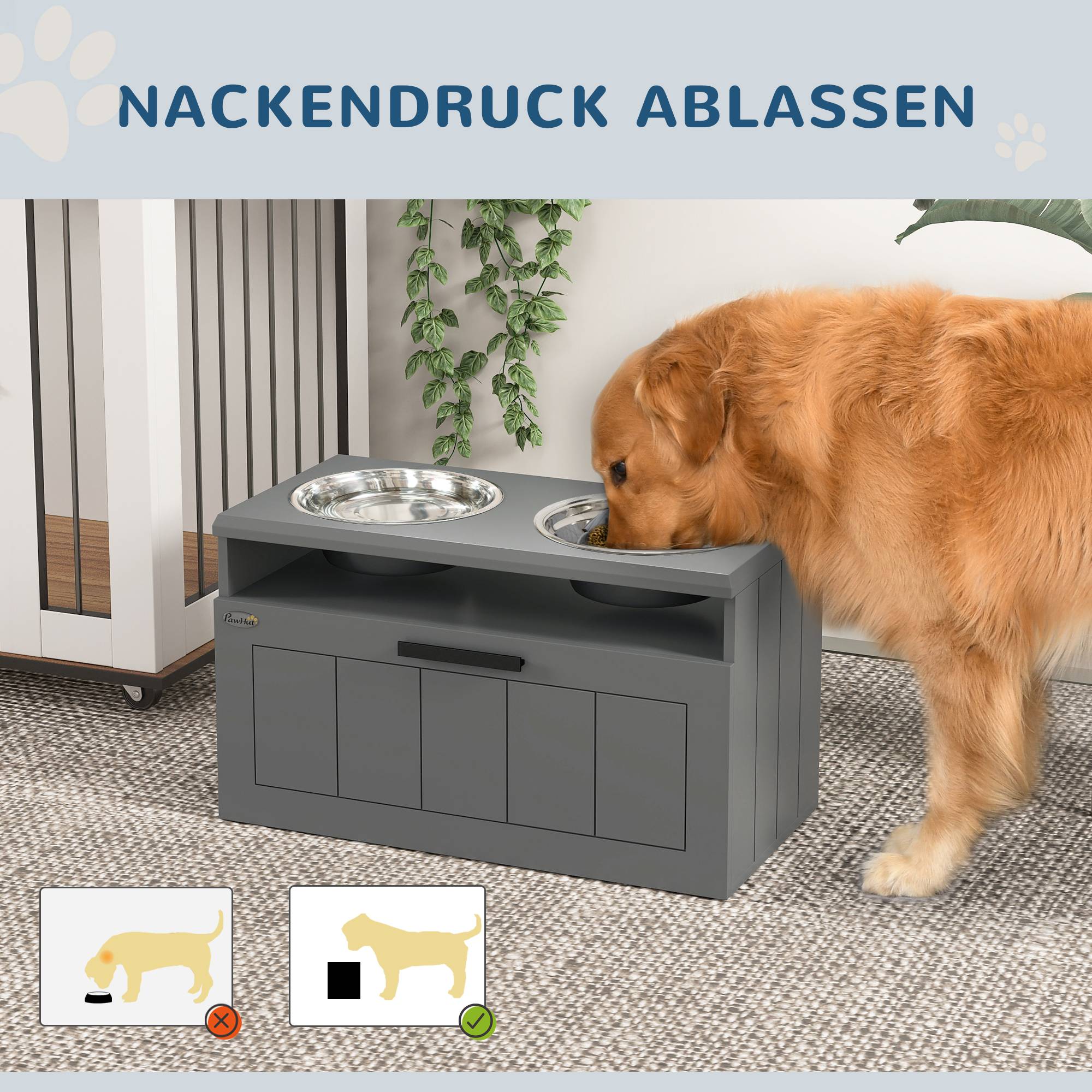 Station de nourriture pour chien, MDF, gris, 60 x 30 x 35 cm - PANGIVO - Image 5