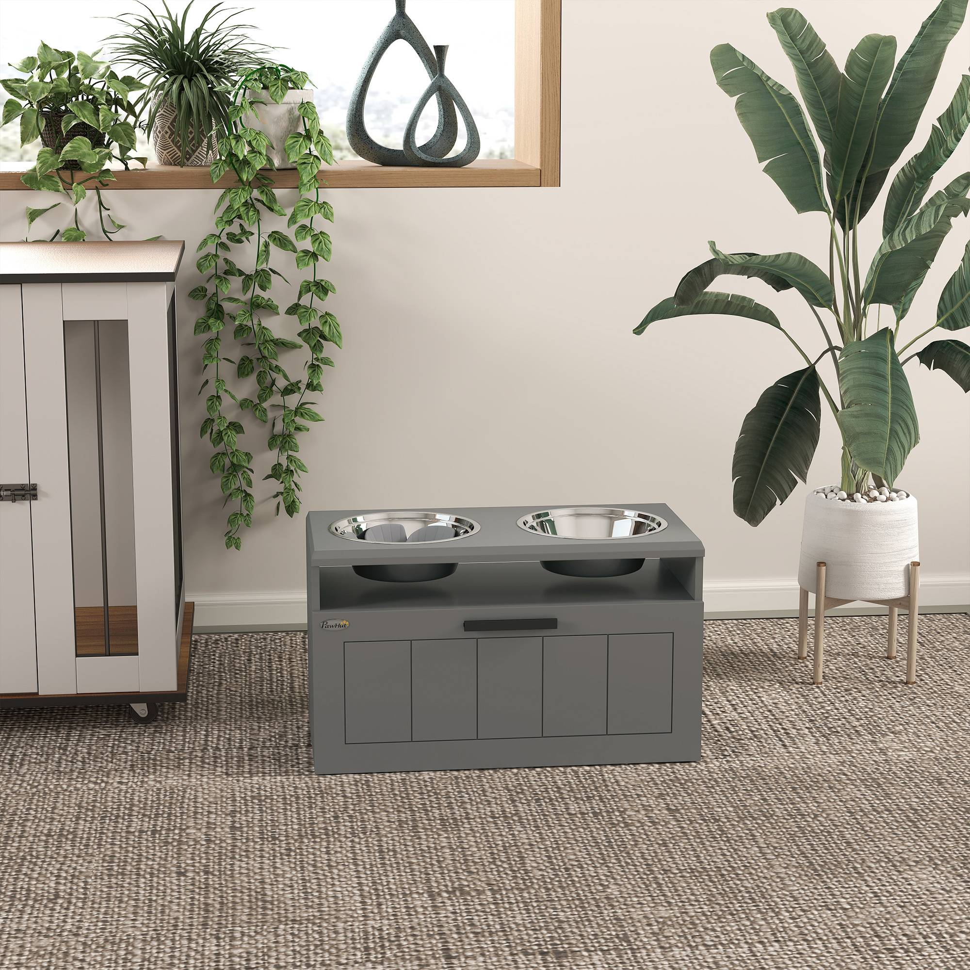 Station de nourriture pour chien, MDF, gris, 60 x 30 x 35 cm - PANGIVO - Image 7