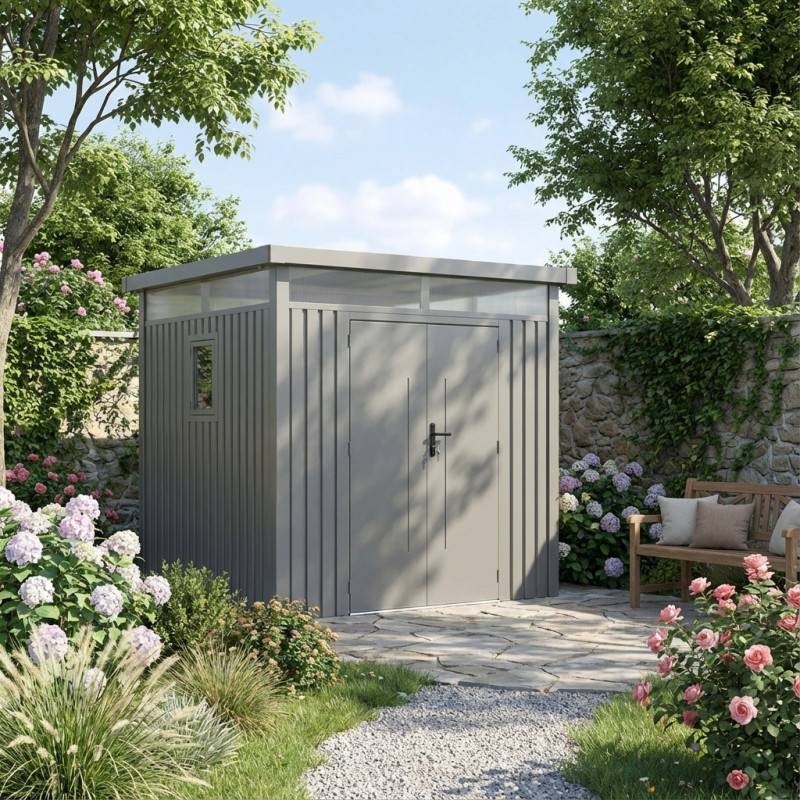 X-Metal - Abri de jardin 5,29m² acier galvanisé gris toit plat kit ancrage inclus X-Metal - Image 1