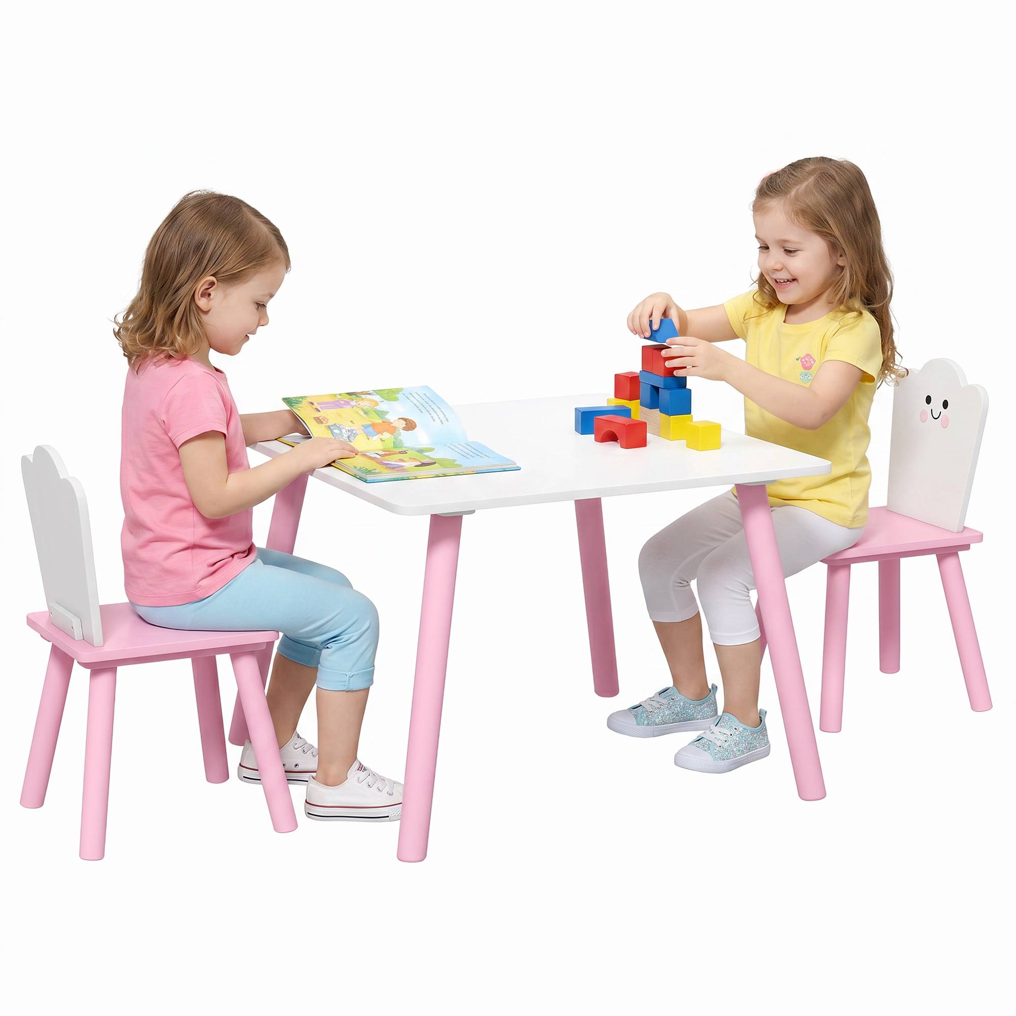 Table et chaises enfant pieds bois, thème barbe à papa, pour garçons filles 3-6 ans, crèche, rose - Image 1