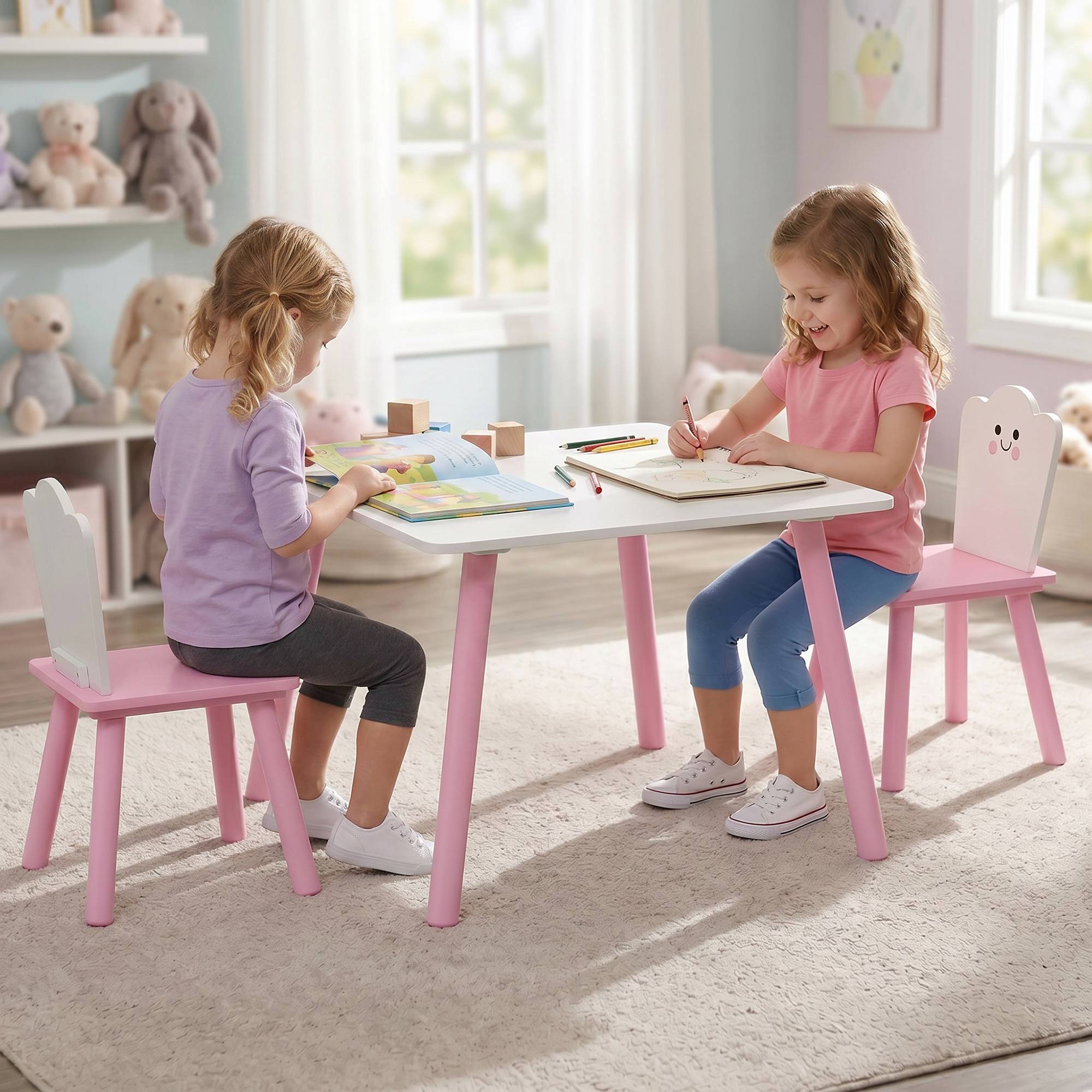 Table et chaises enfant pieds bois, thème barbe à papa, pour garçons filles 3-6 ans, crèche, rose - Image 10