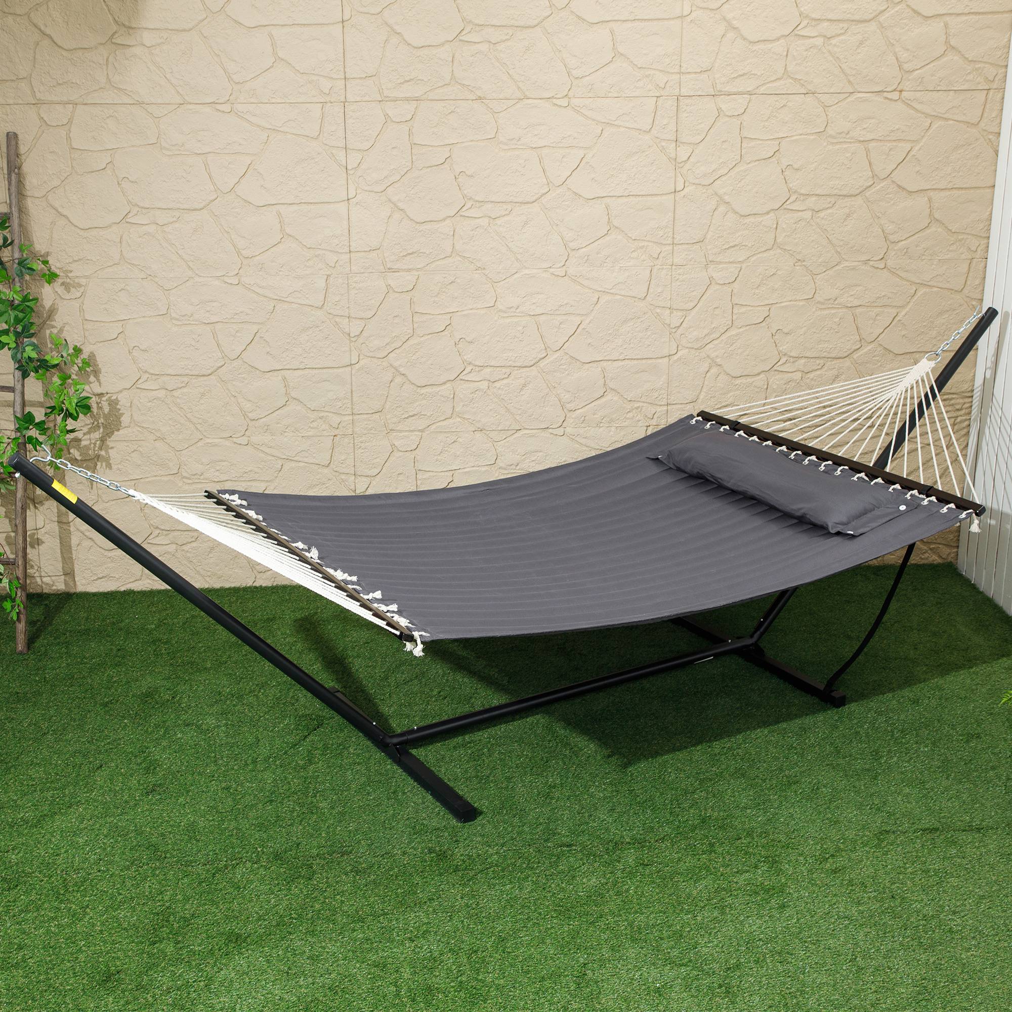 Hamac jardin portable avec coussin intégré, coton, polyester et acier, 368x93x110cm, gris foncé - Image 4