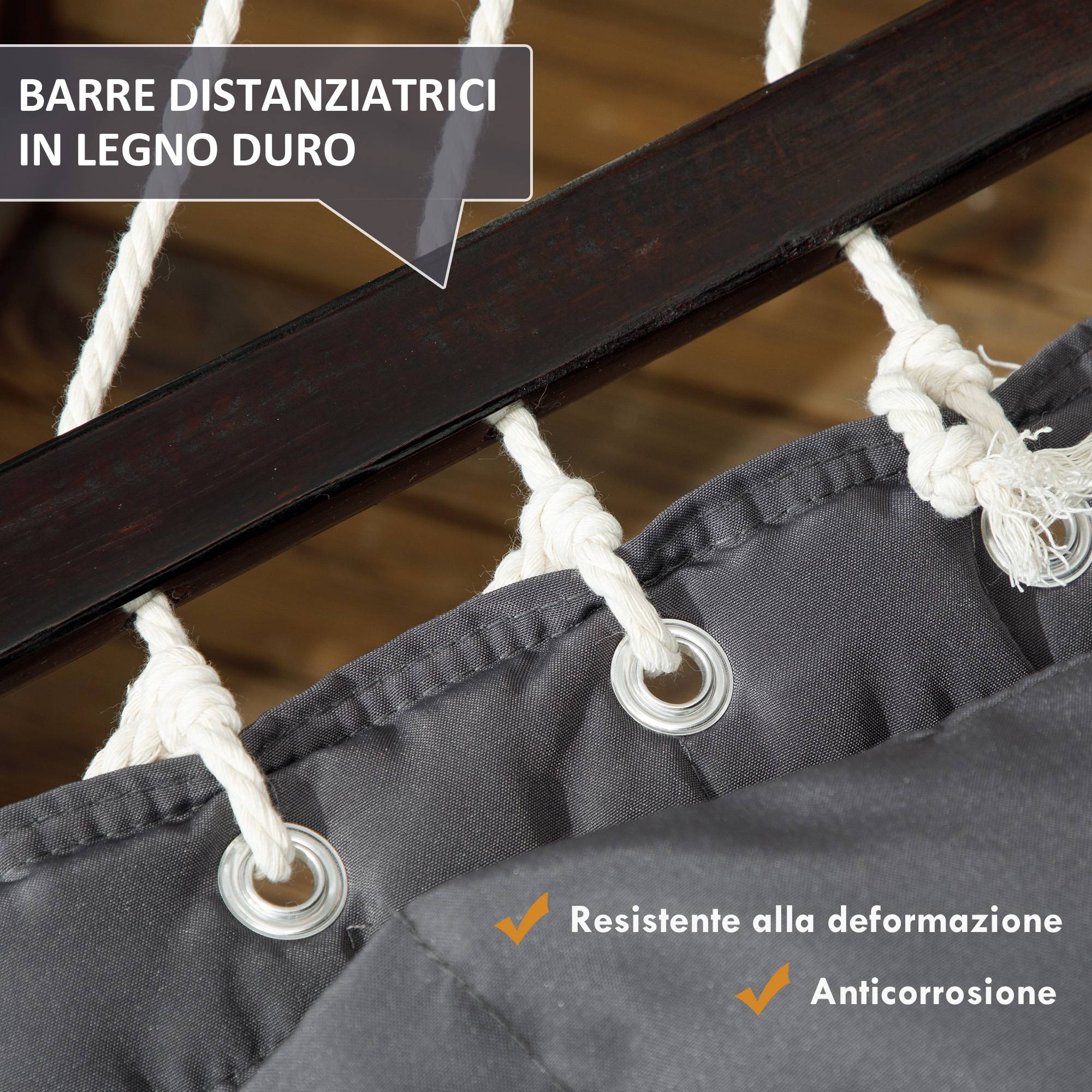 Hamac jardin portable avec coussin intégré, coton, polyester et acier, 368x93x110cm, gris foncé - Image 10