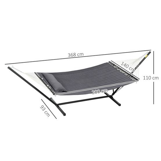 Hamac jardin portable avec coussin intégré, coton, polyester et acier, 368x93x110cm, gris foncé - Image 5