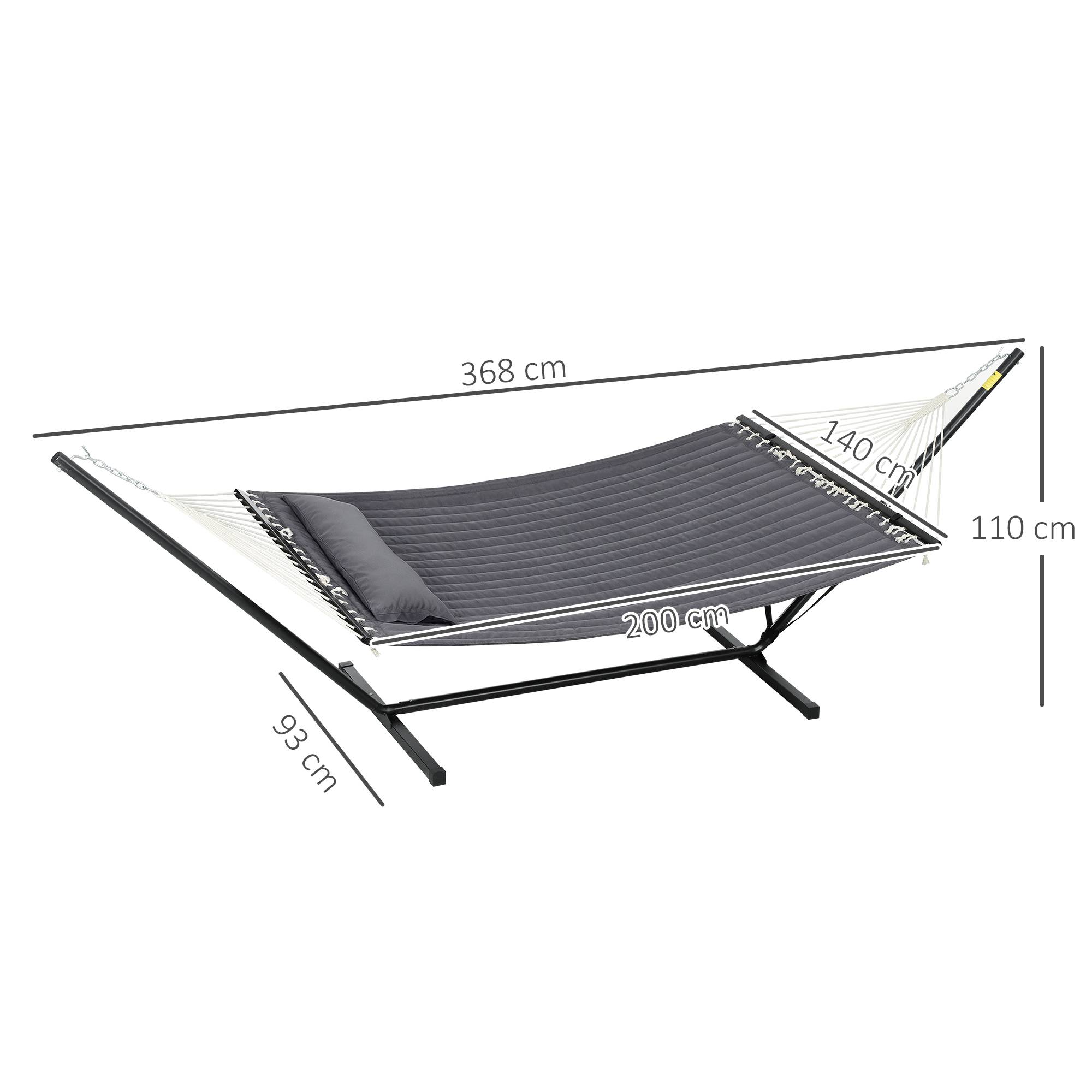 Hamac jardin portable avec coussin intégré, coton, polyester et acier, 368x93x110cm, gris foncé - Image 5
