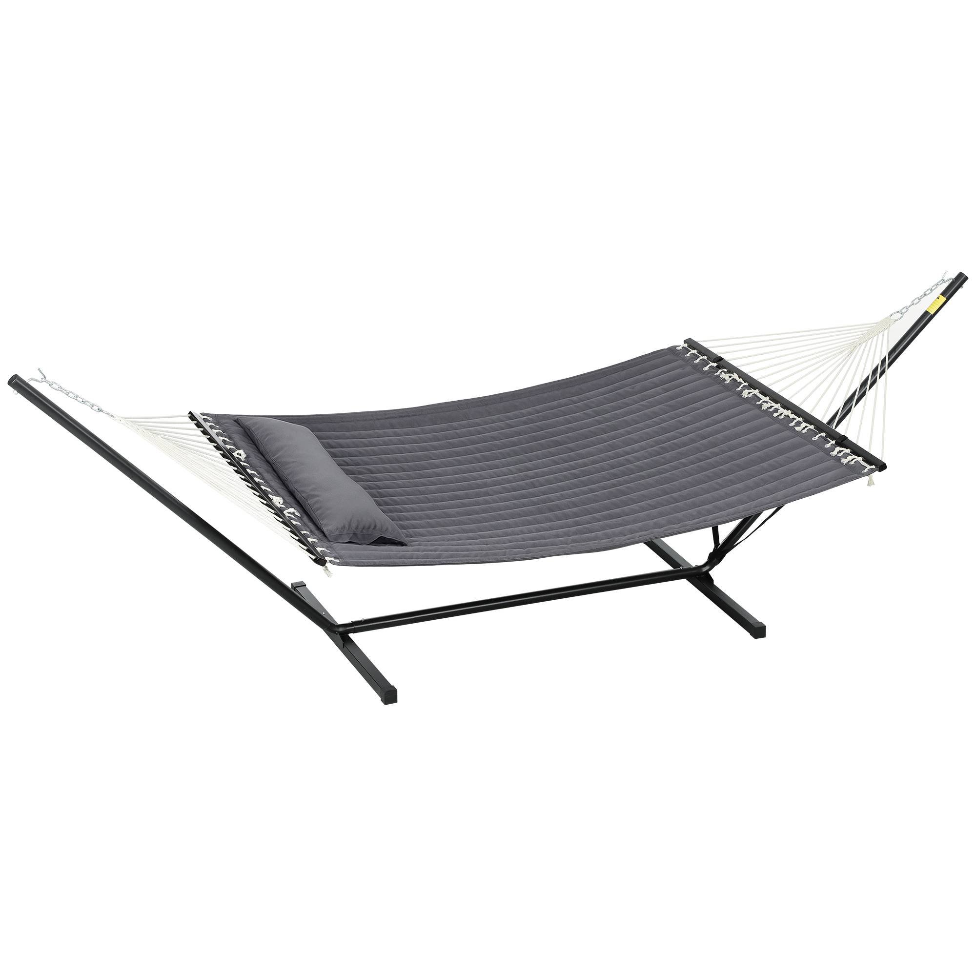 Hamac jardin portable avec coussin intégré, coton, polyester et acier, 368x93x110cm, gris foncé - Image 2