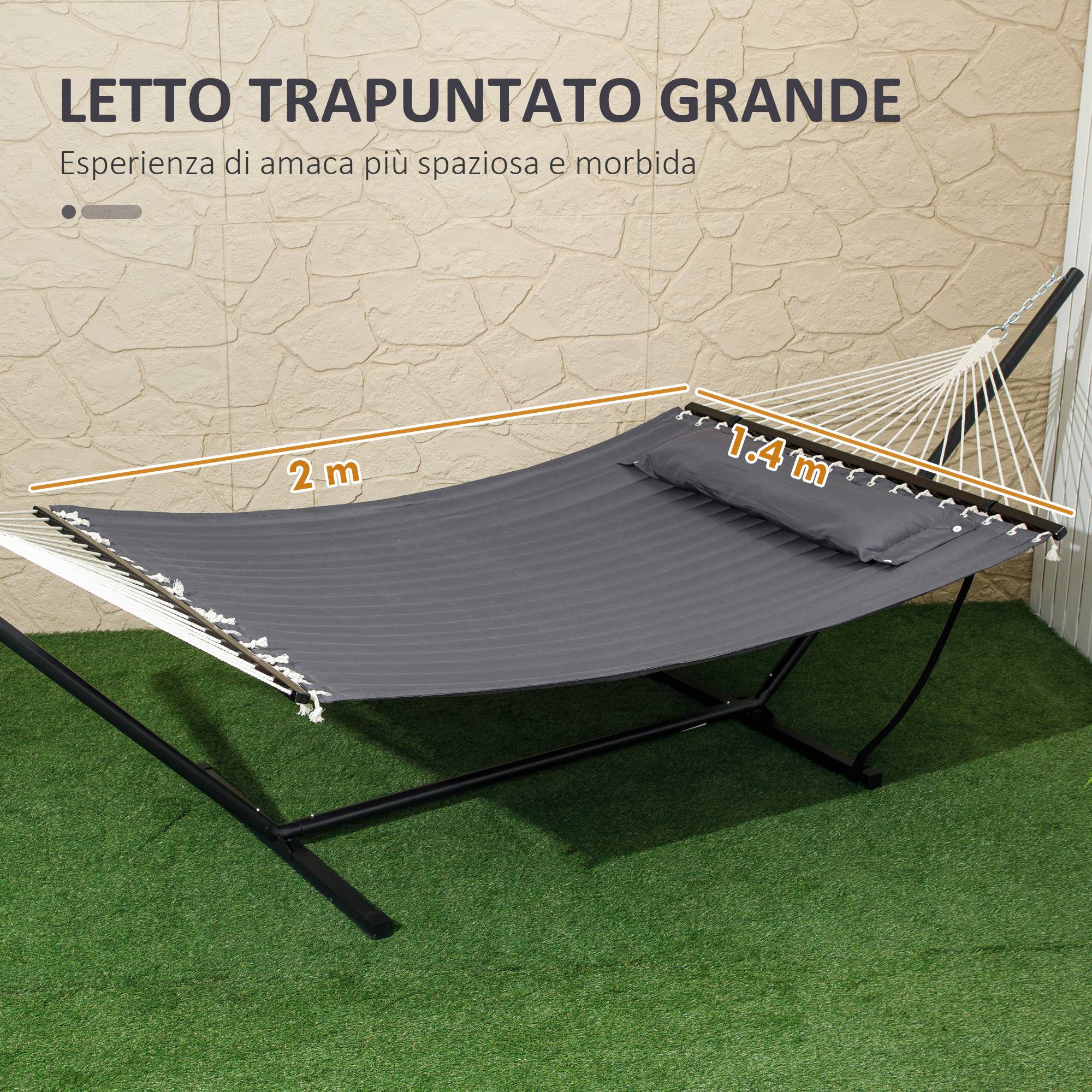 Hamac jardin portable avec coussin intégré, coton, polyester et acier, 368x93x110cm, gris foncé - Image 6