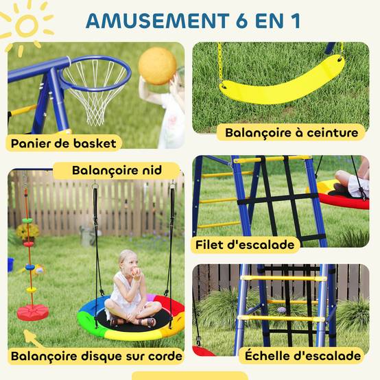 Portique balancoire exterieur 6 en 1 avec 3 balançoires, panier de basket, échelle d'escalade et filet - Image 6