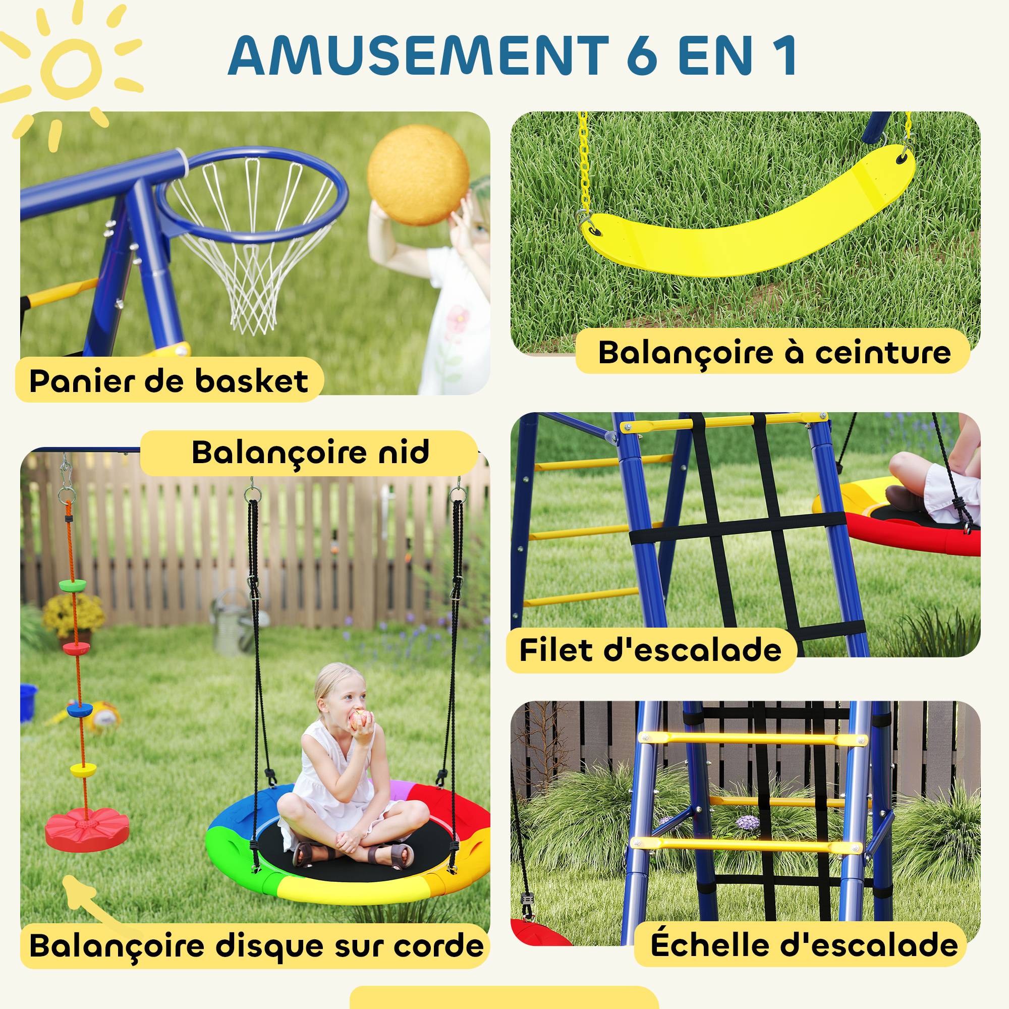 Portique balancoire exterieur 6 en 1 avec 3 balançoires, panier de basket, échelle d'escalade et filet - Image 6