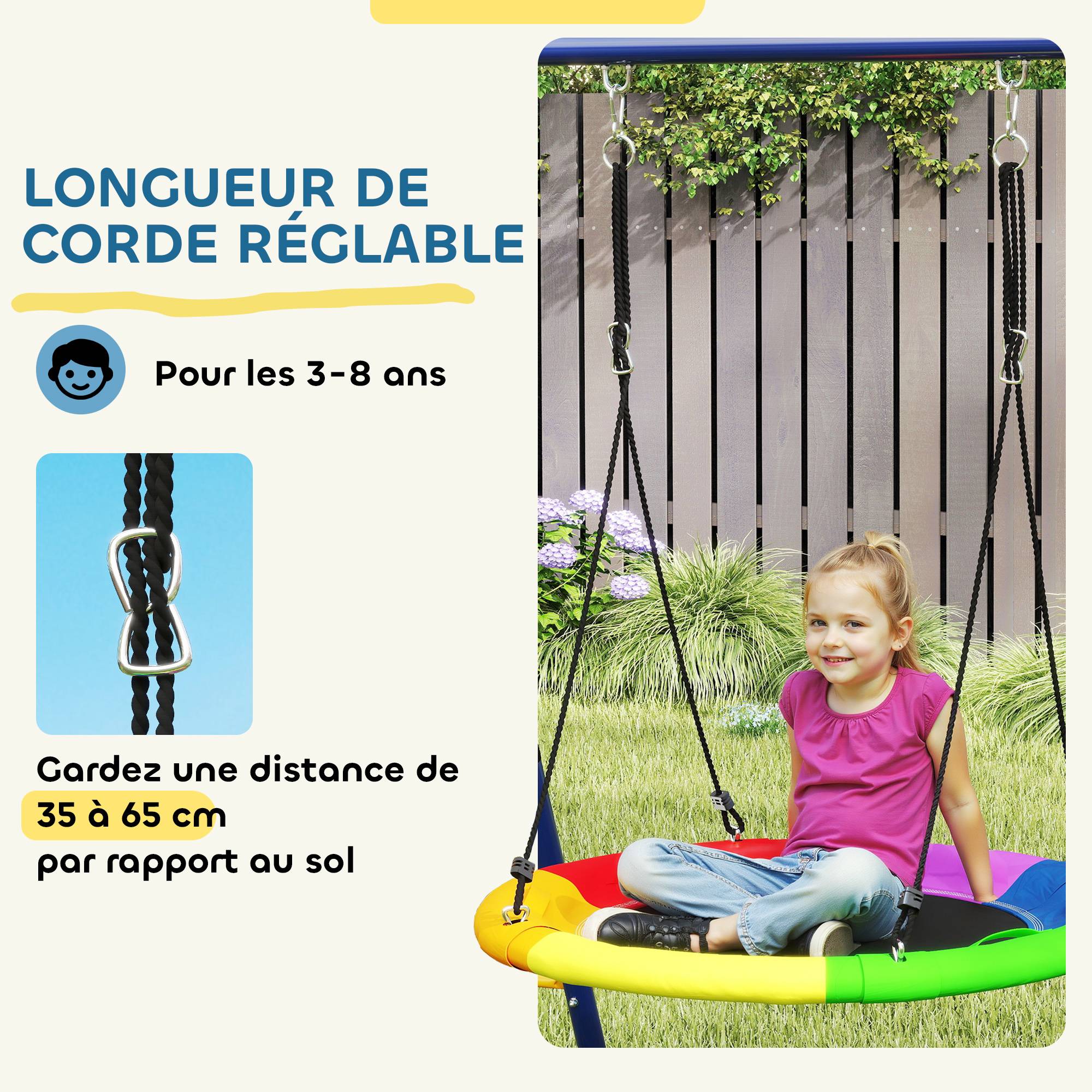 Portique balancoire exterieur 6 en 1 avec 3 balançoires, panier de basket, échelle d'escalade et filet - Image 7