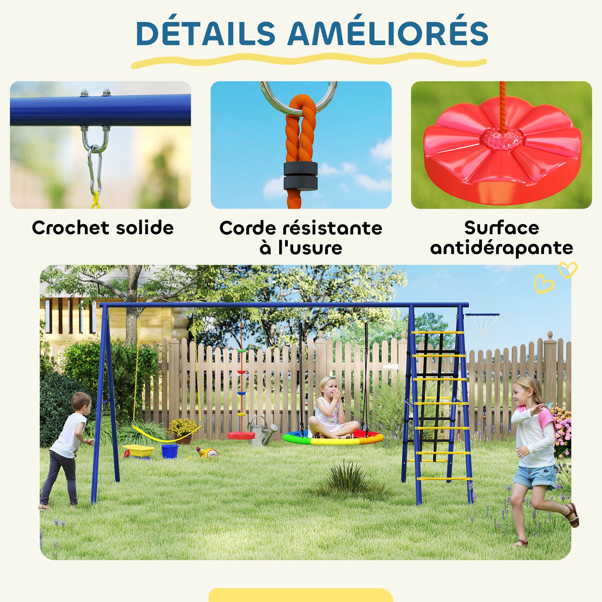 Portique balancoire exterieur 6 en 1 avec 3 balançoires, panier de basket, échelle d'escalade et filet - Image 10