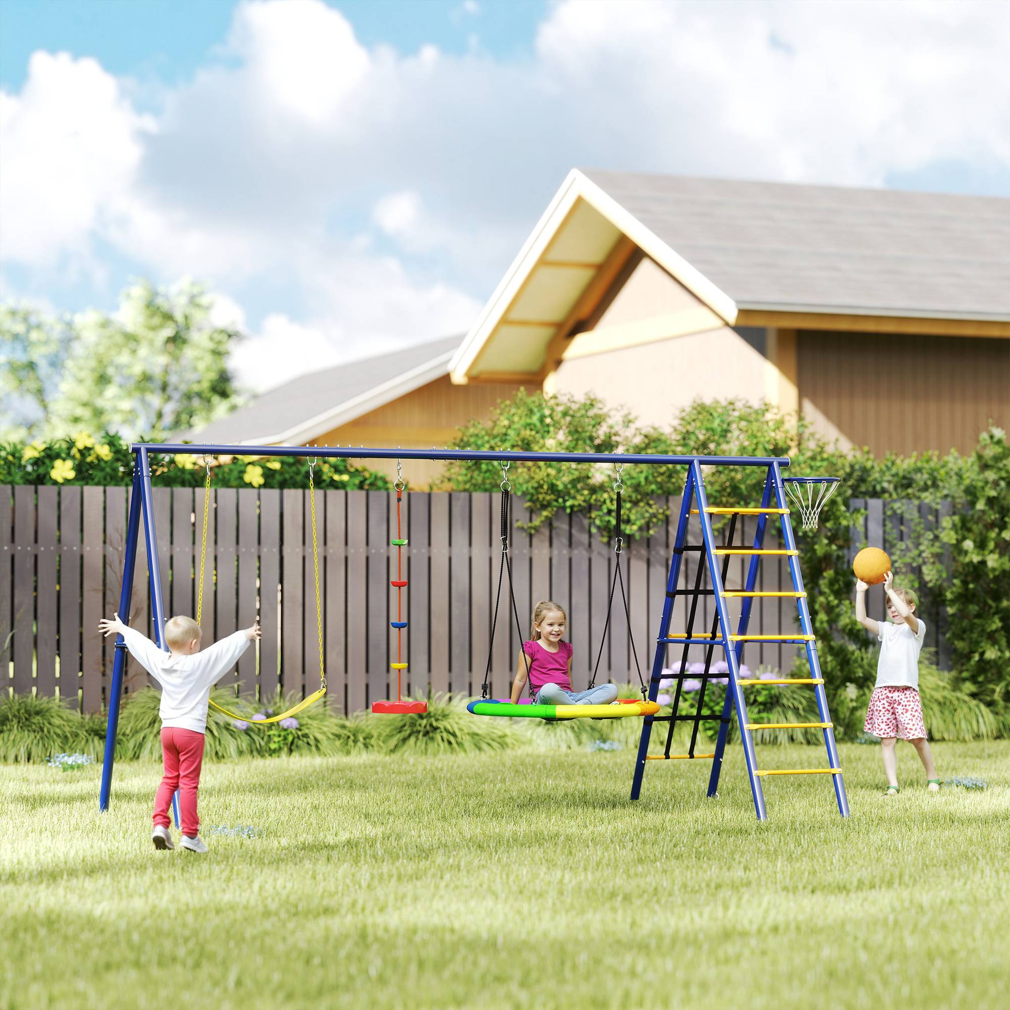 Portique balancoire exterieur 6 en 1 avec 3 balançoires, panier de basket, échelle d'escalade et filet - Image 3