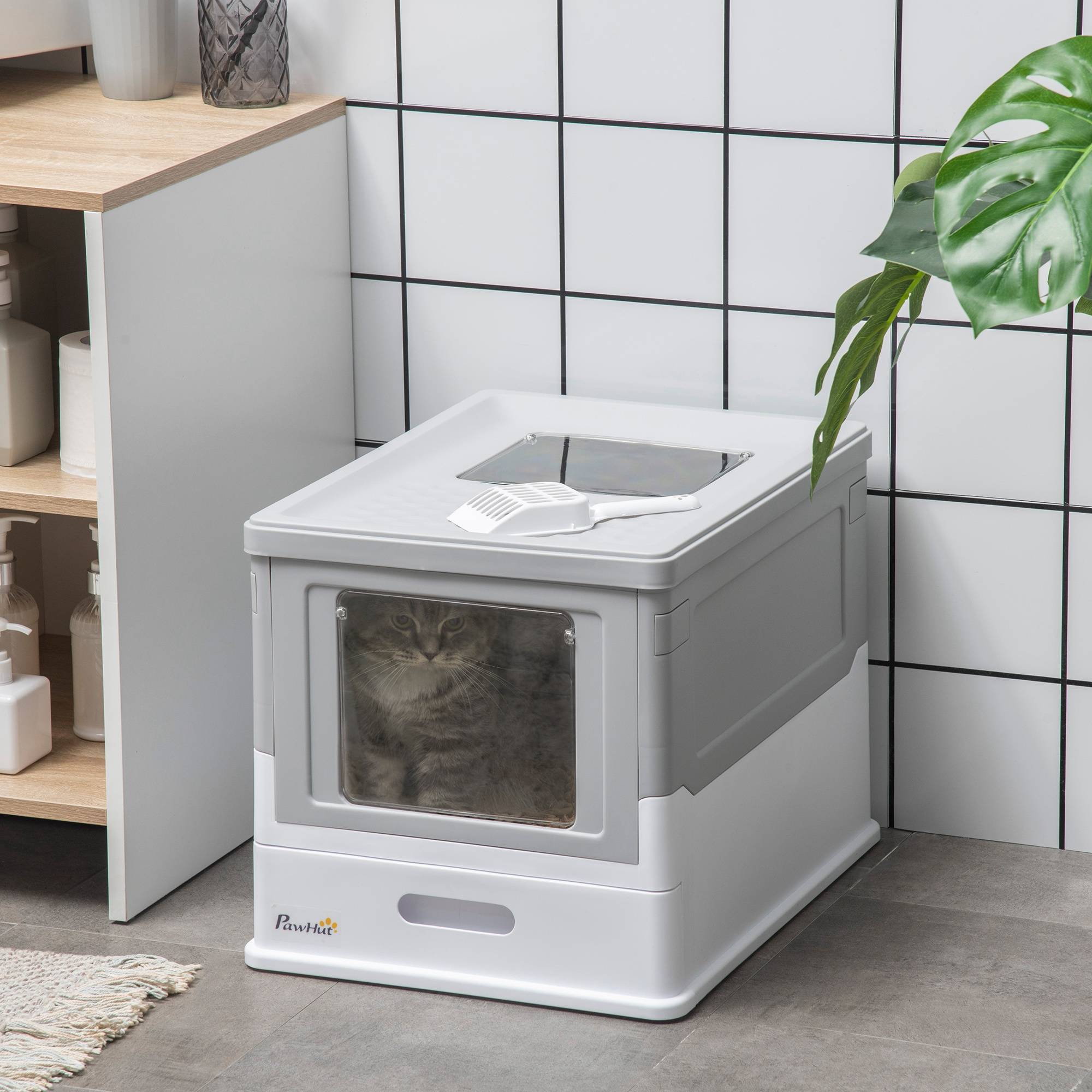 Sans Marque - Bac à litière pour chat en polypropylène à 2 portes, fermé, avec pelle et plateau amovible, 47,5 x 35,5 x 36,7 cm - Image 4