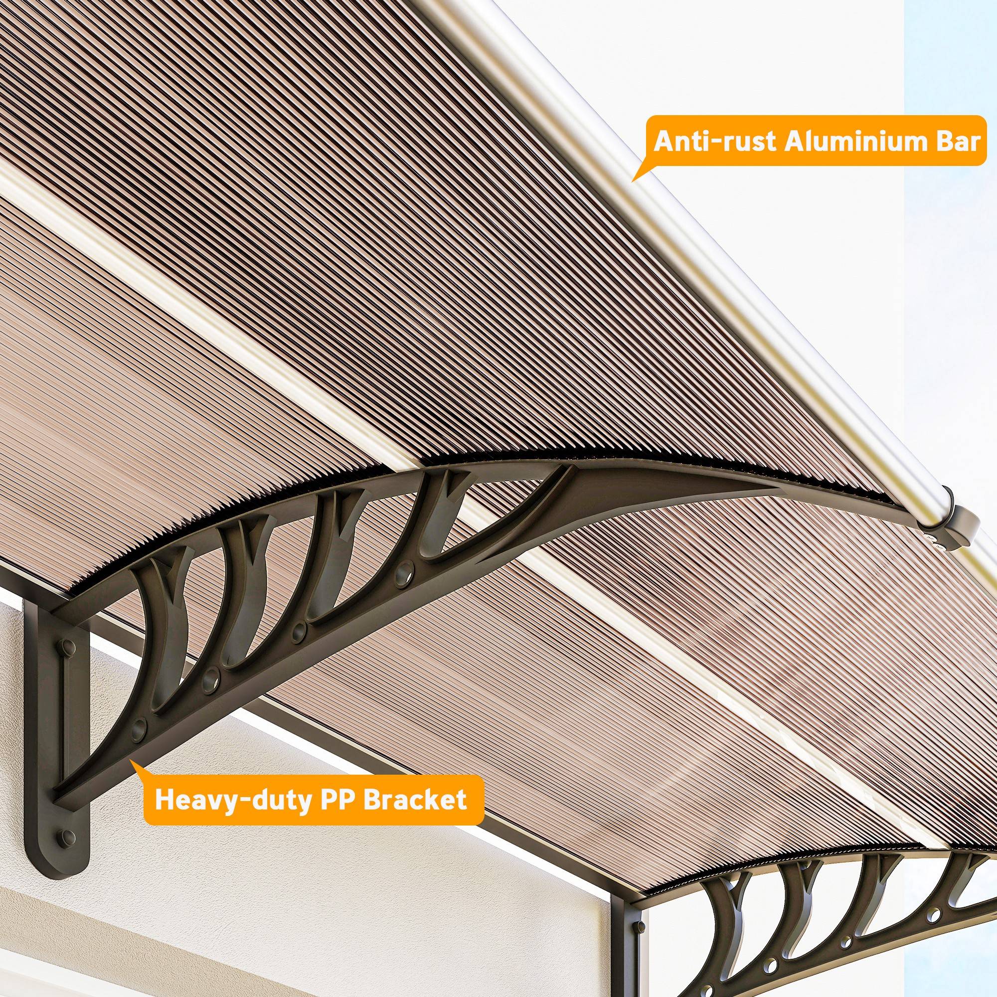 Auvent triple polycarbonate extérieur protection grande baie 303x96 cm marron - ComfortXL Outdoor Living - Image 10