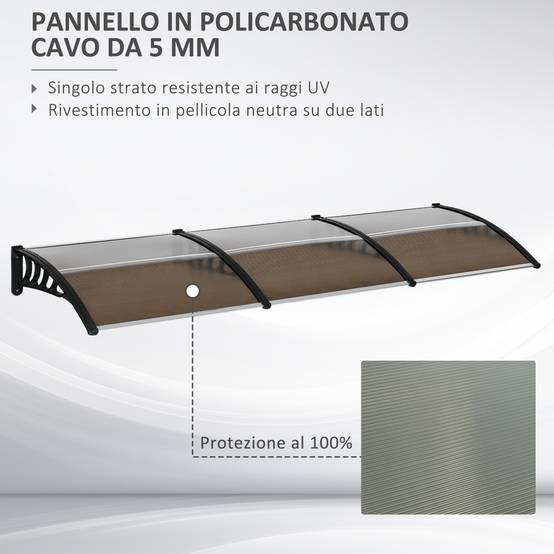 Auvent triple polycarbonate extérieur protection grande baie 303x96 cm marron - ComfortXL Outdoor Living - Image 6
