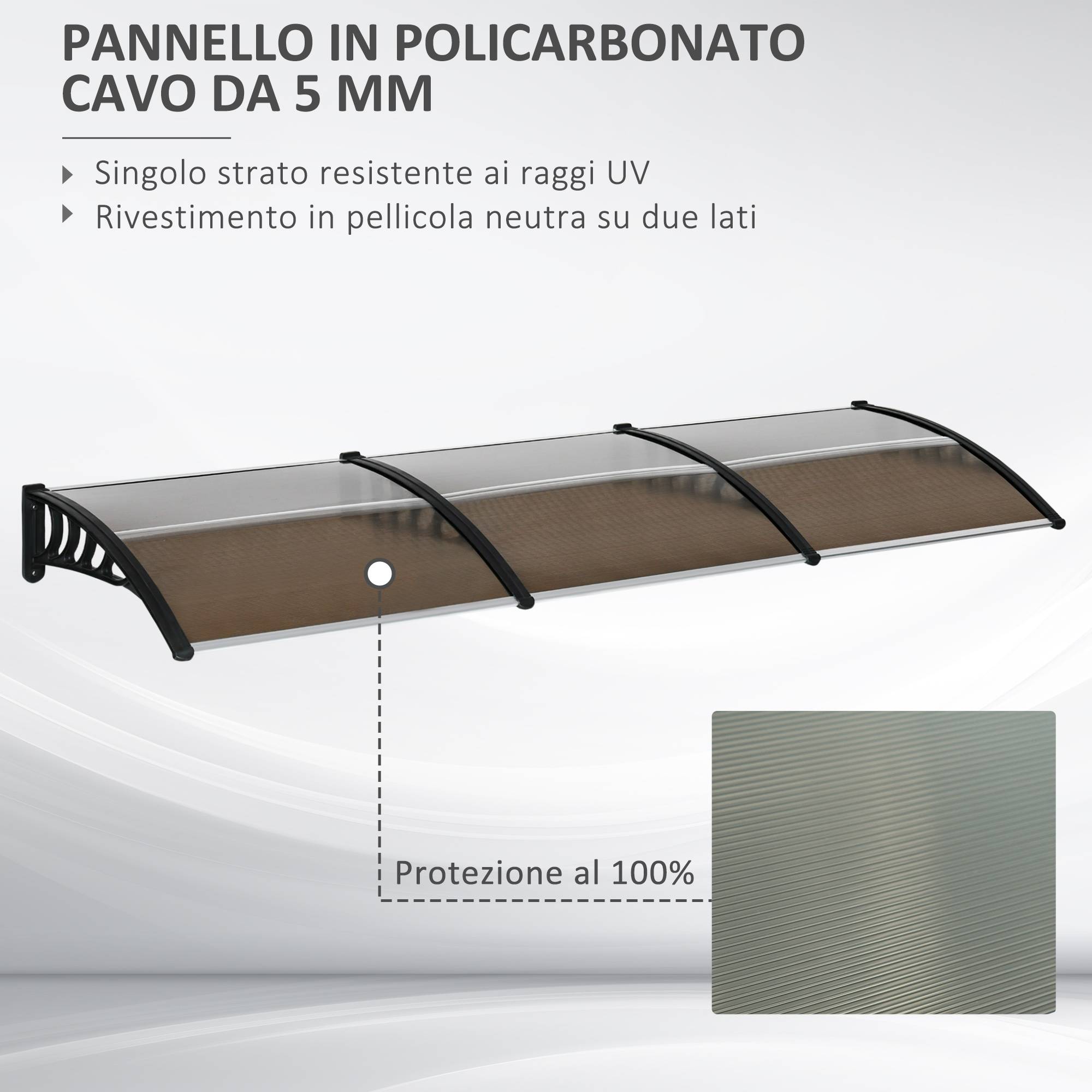 Auvent triple polycarbonate extérieur protection grande baie 303x96 cm marron - ComfortXL Outdoor Living - Image 6