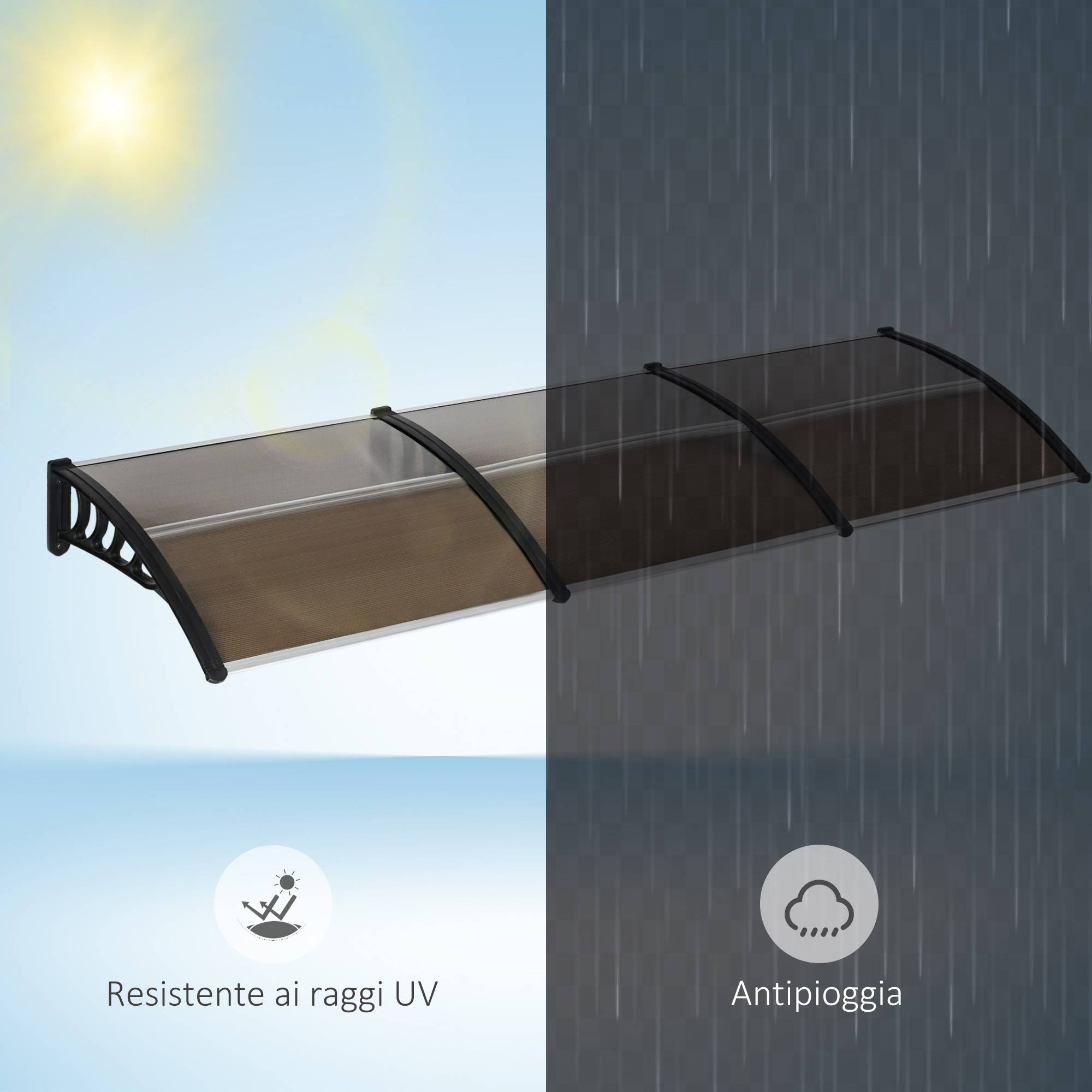 Auvent triple polycarbonate extérieur protection grande baie 303x96 cm marron - ComfortXL Outdoor Living - Image 9