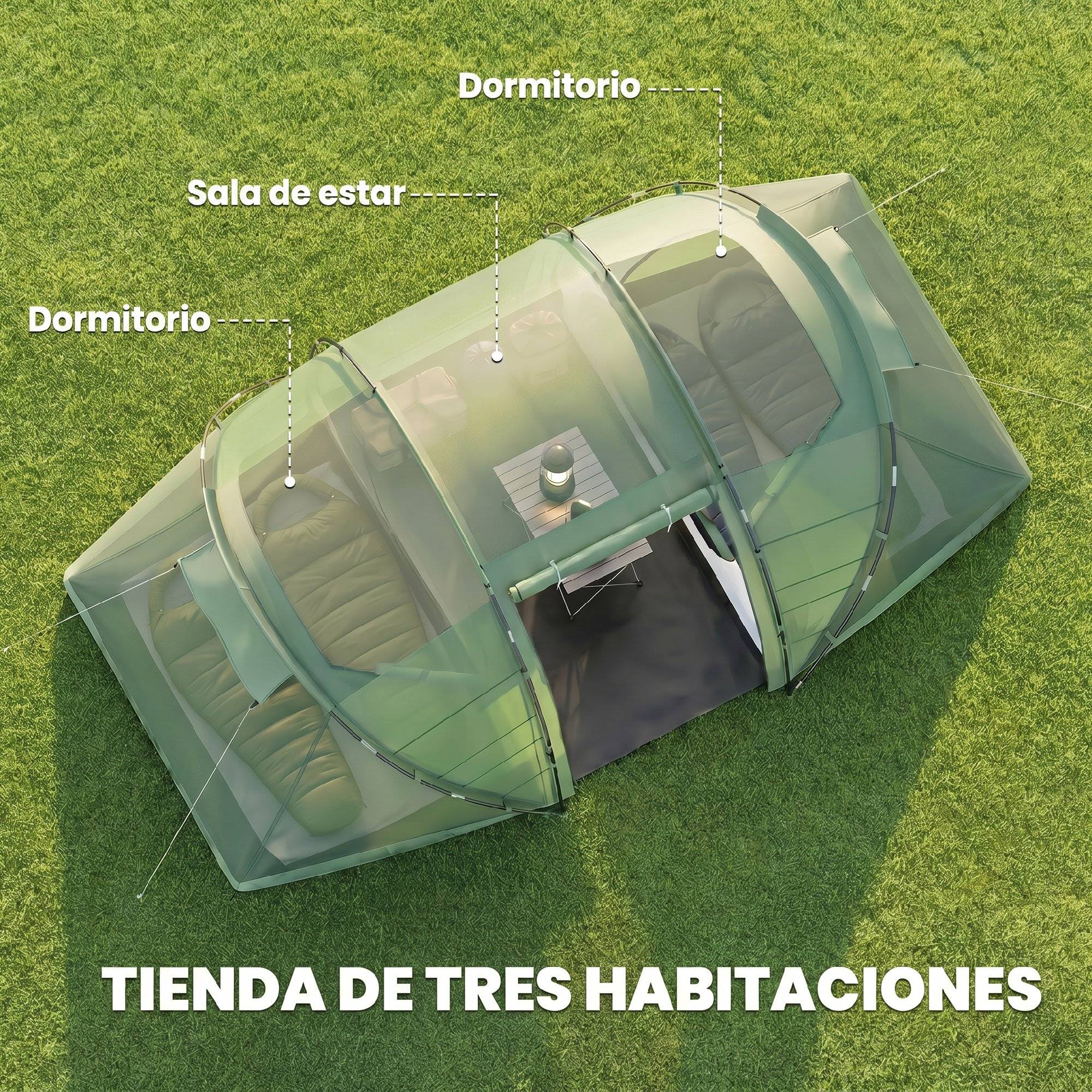 ComfortXL - Tente tunnel familiale polyester 4 personnes 2 chambres séjour 430 x 240 cm verte - ComfortXL Outdoor Living - Image 6
